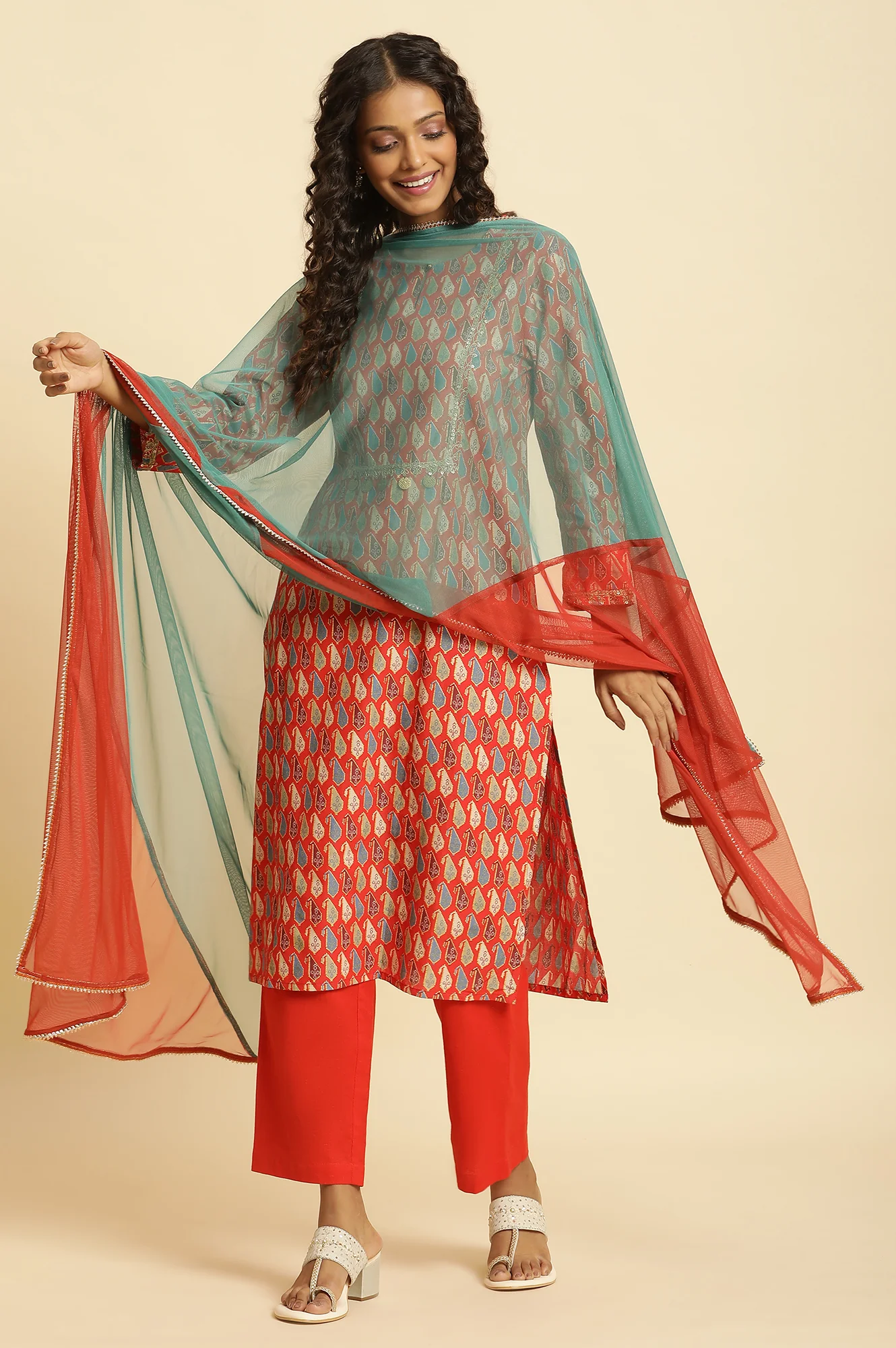 Orange and Teal Half-and-Half Net Dupatta - Image 4