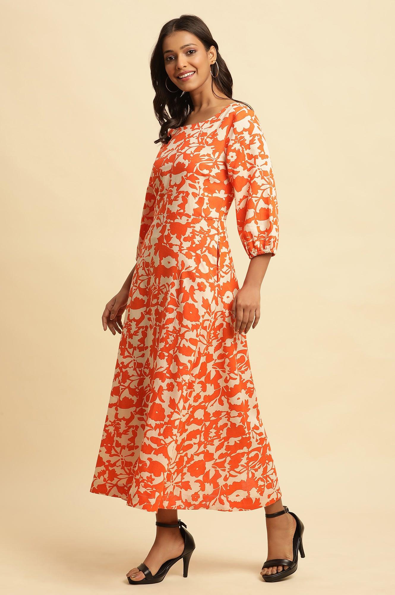 Orange and White Printed Long Western Cotton Dress - Image 3