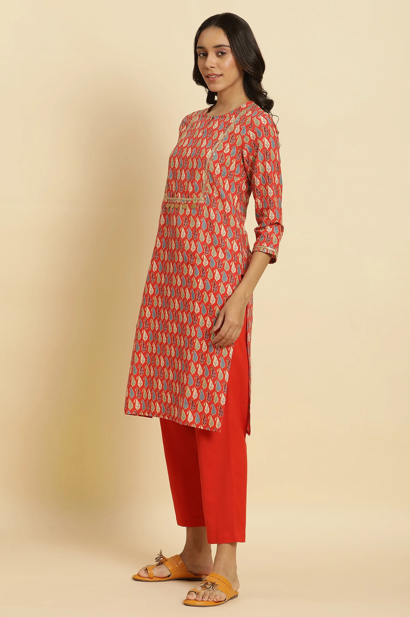 Orange Chunki Dori Embroidered Kurta - Image 3