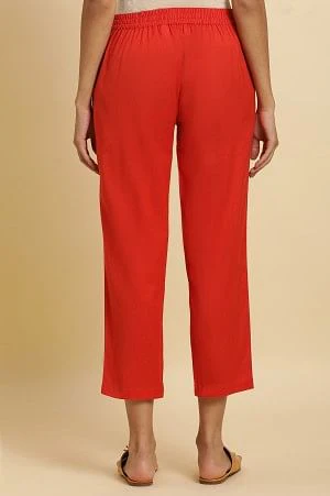 Orange Cotton Flax Solid Slim Pants - Image 3