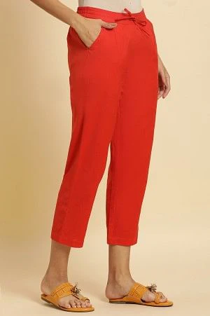 Orange Cotton Flax Solid Slim Pants - Image 4