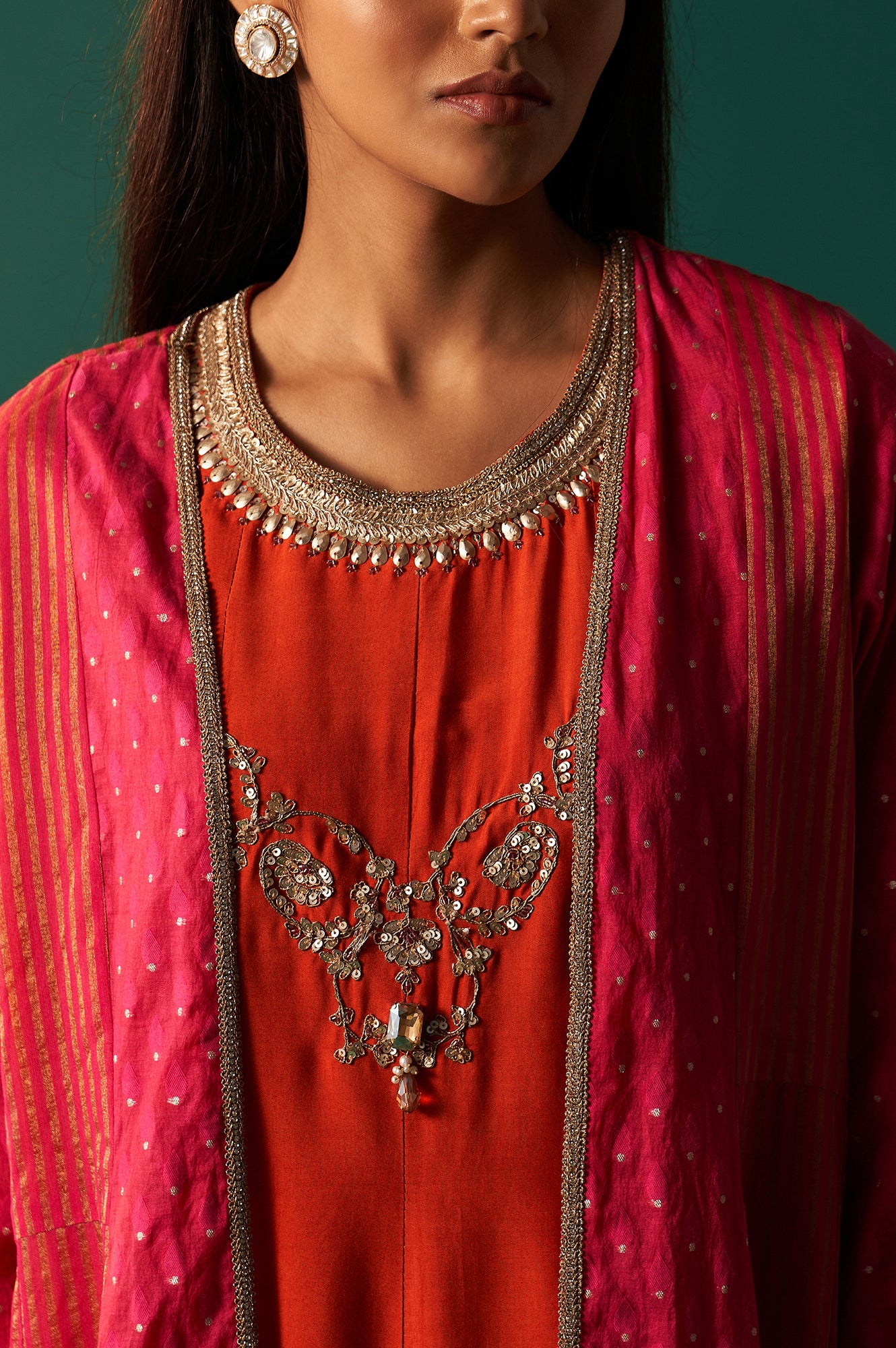 Orange Embroidered Flared Shantung Dress with Jacket Set - Image 8