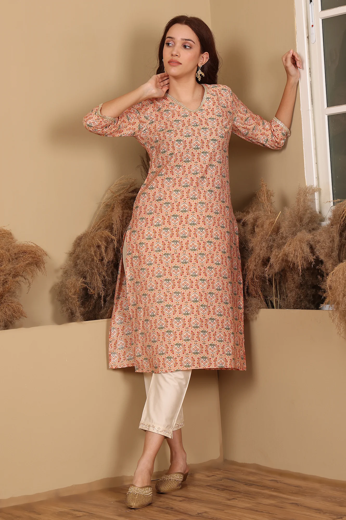 Orange Floral Lace Trim Straight Muslin Kurta