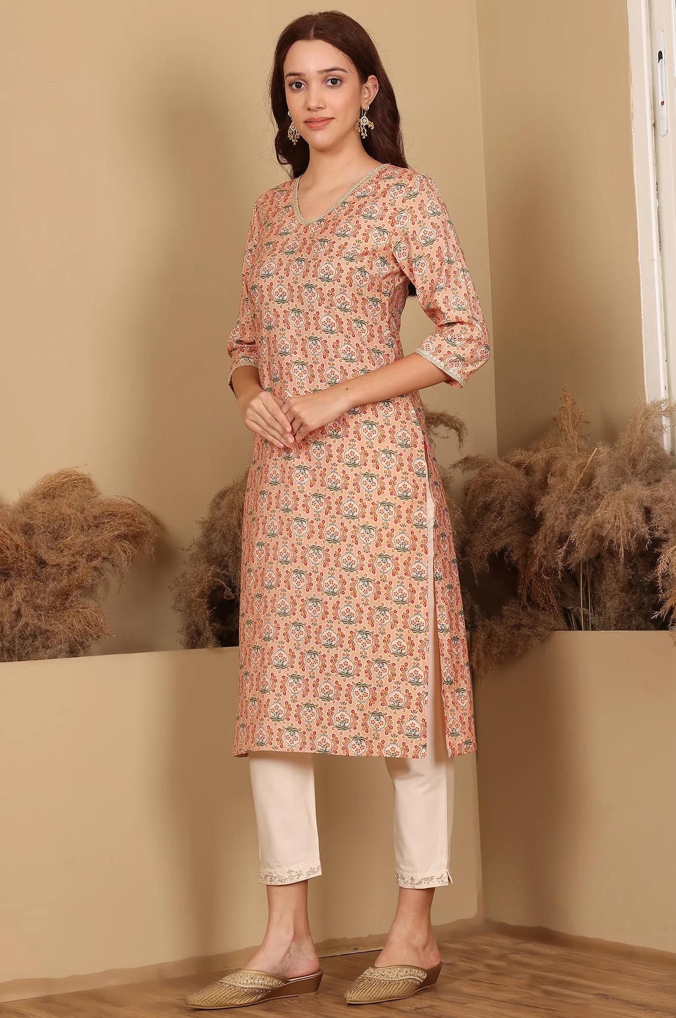 Orange Floral Lace Trim Straight Muslin Kurta - Image 6