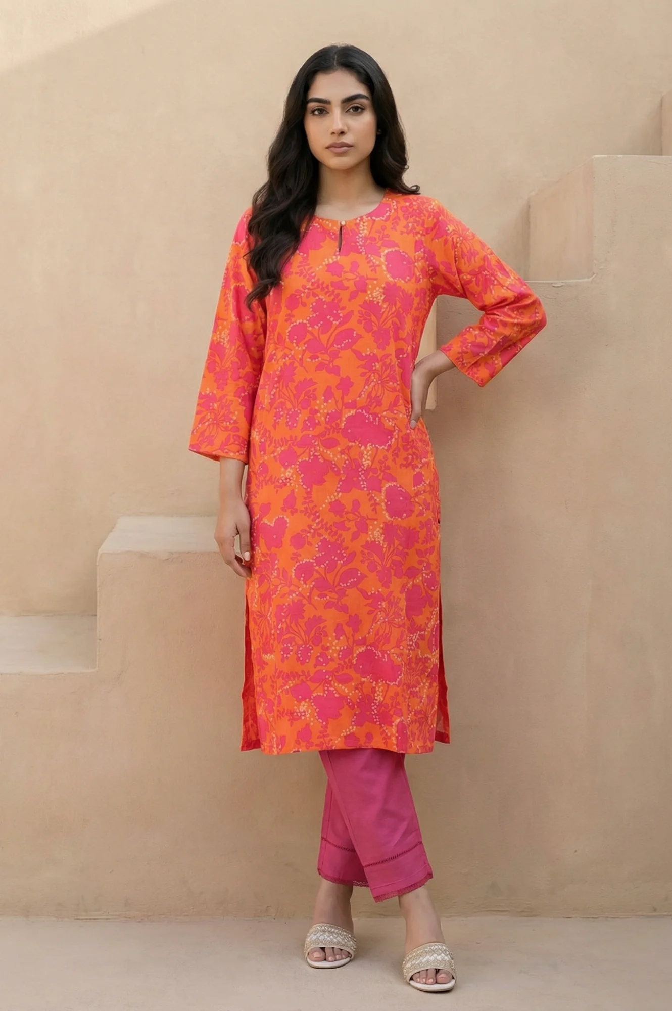 Orange Floral Printed Rayon Straight Kurta
