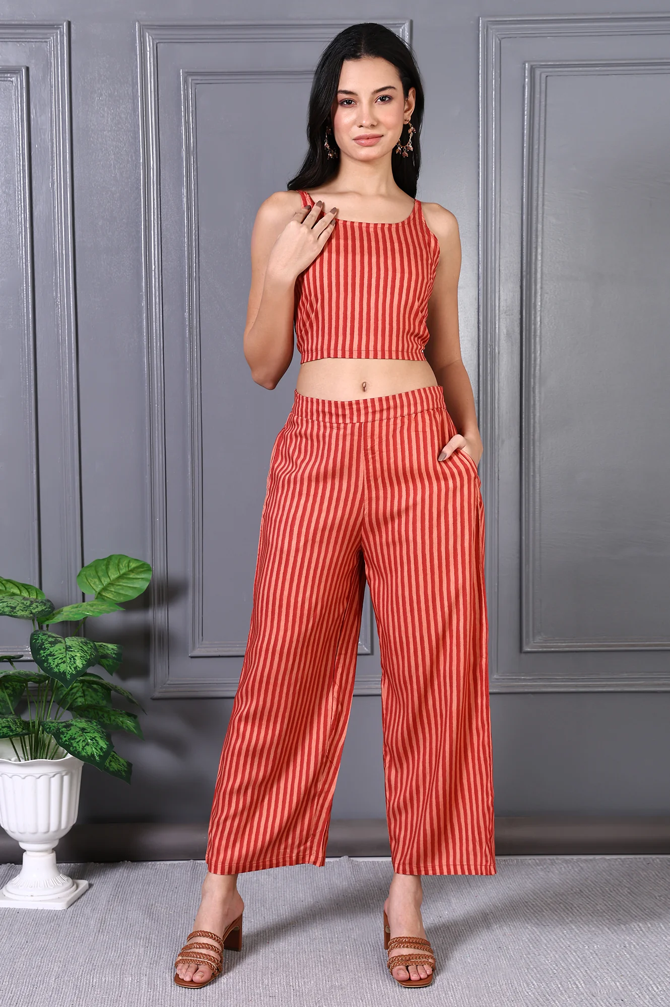 Orange Floral Printed Lace Organza A-line Sheer Kurta, Crop Top and Pants Set - Image 7