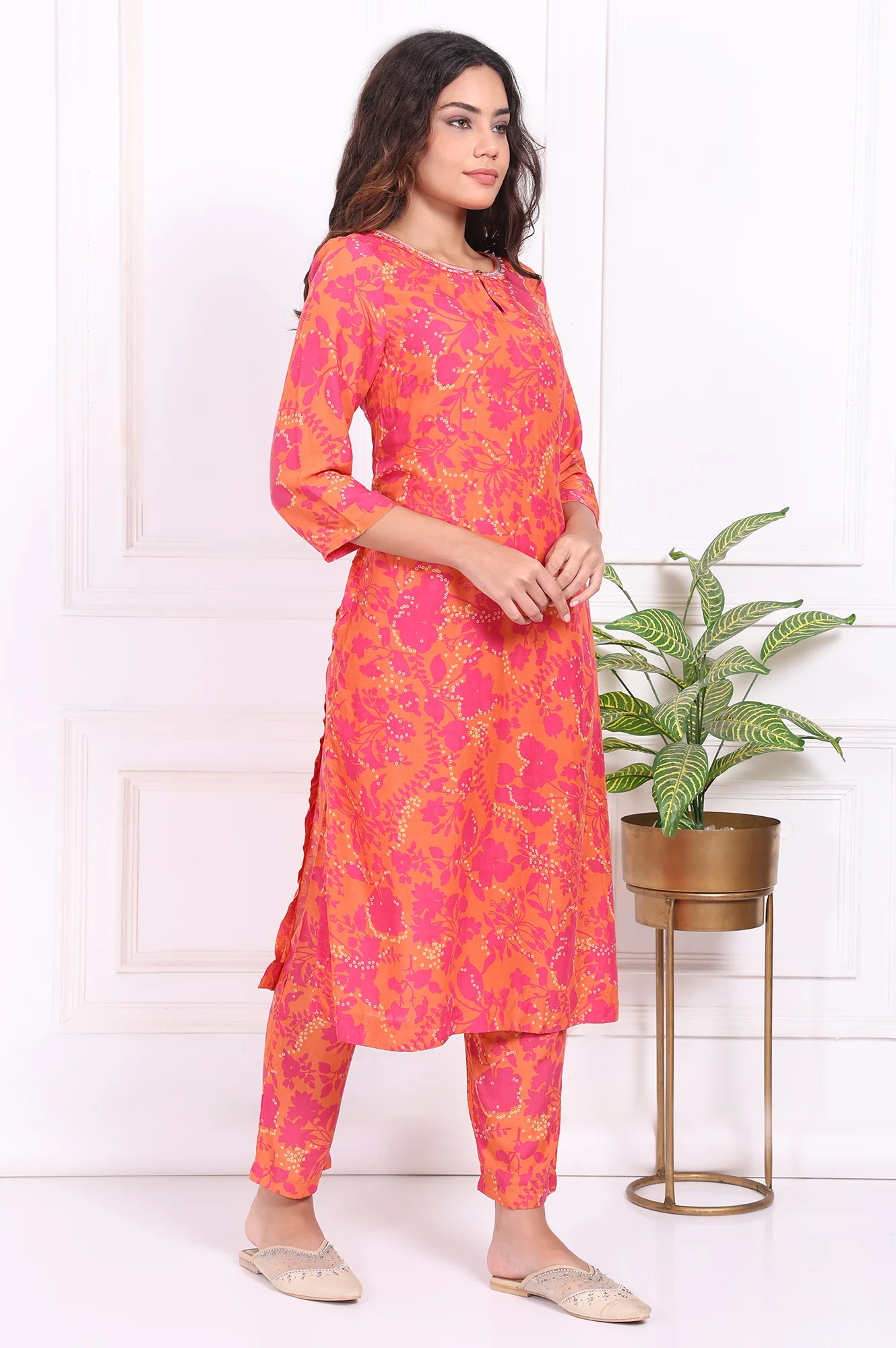 Orange Floral Printed Mirror work Modal Straight Kurta - Image 6