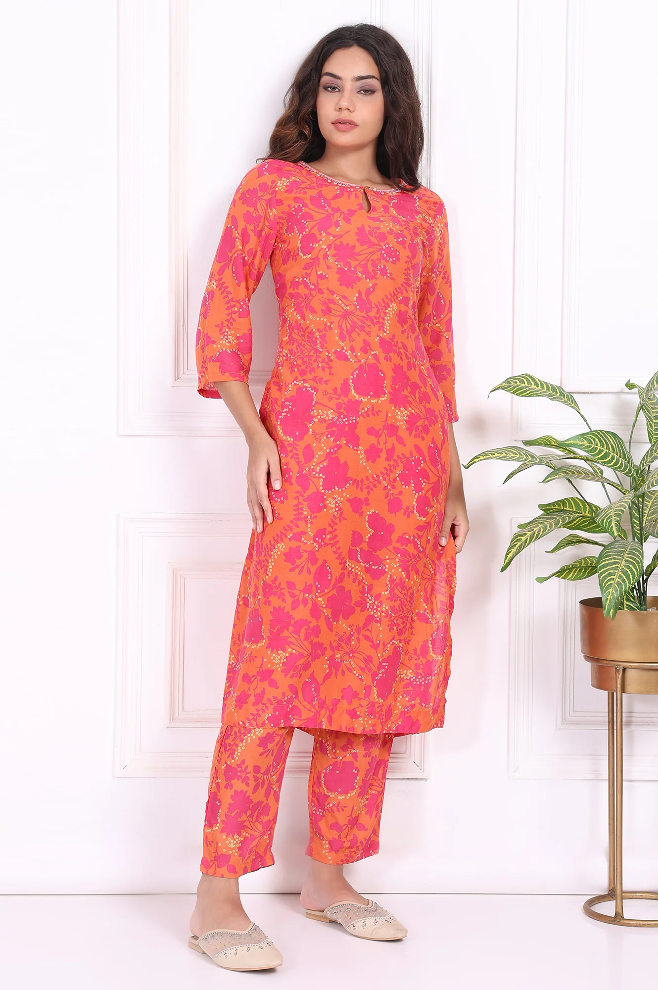 Orange Floral Printed Modal Mid Rise Ankle Length Straight Pants