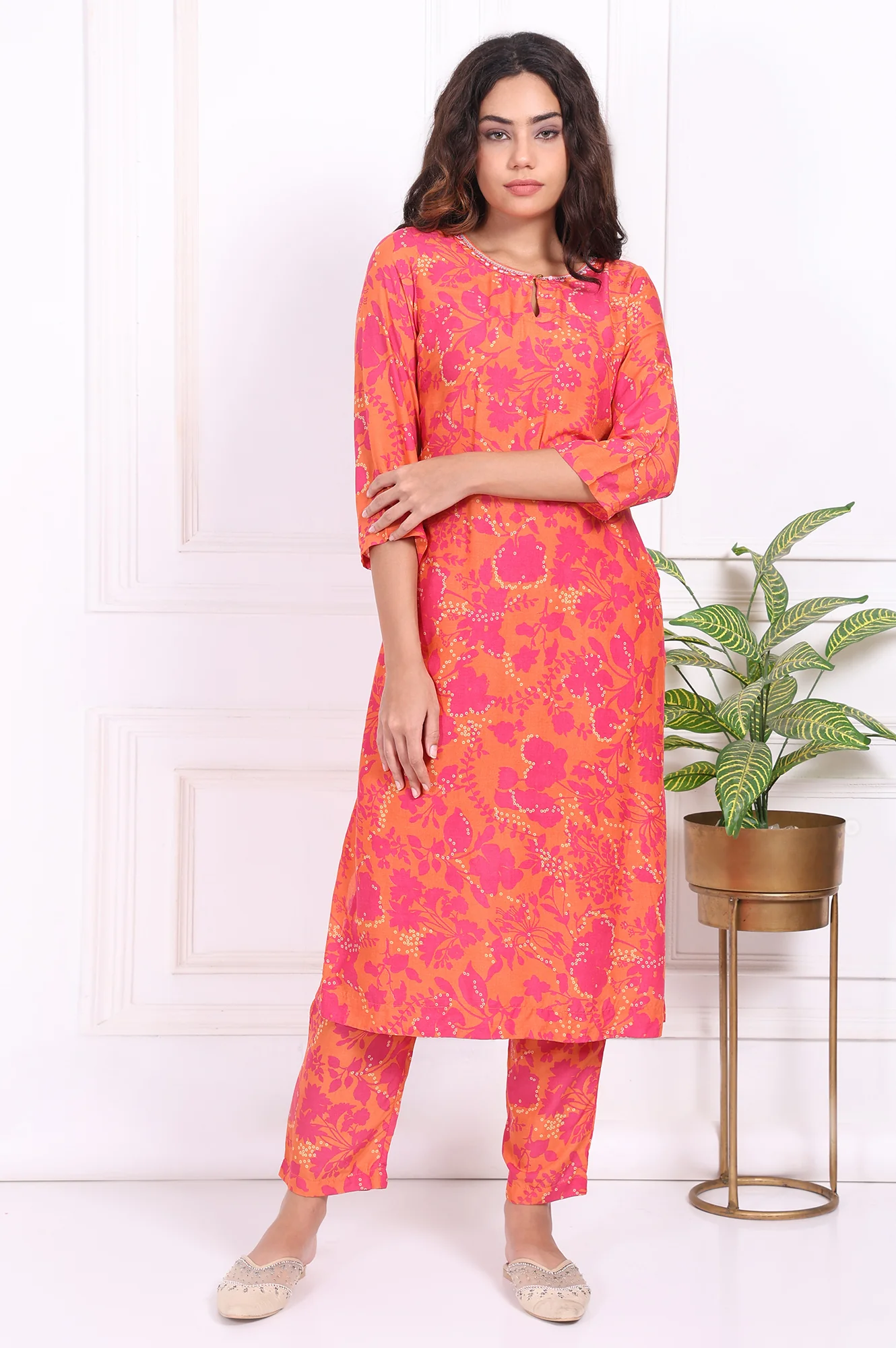 Orange Floral Printed Modal Mid Rise Ankle Length Straight Pants - Image 2