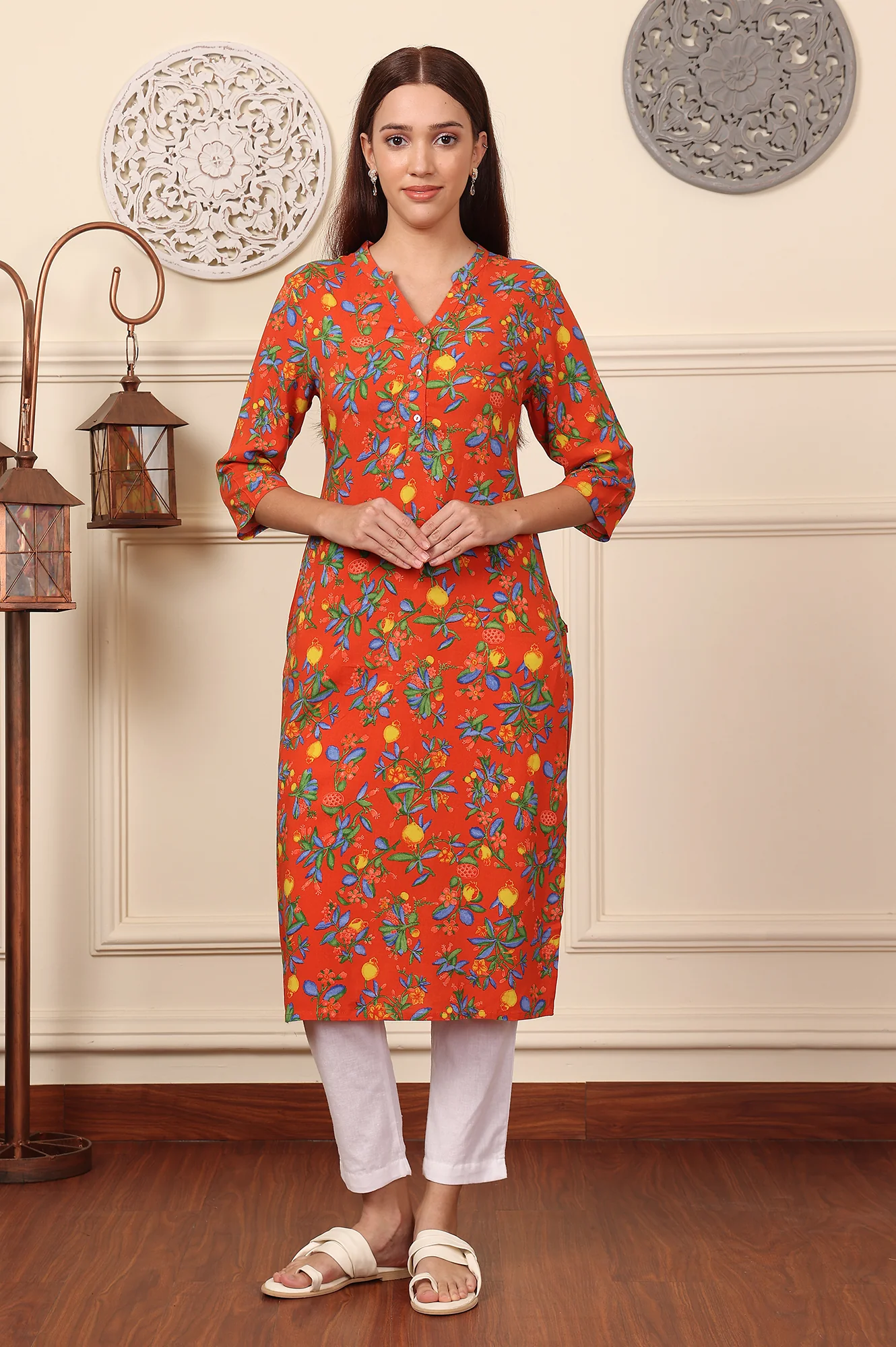 Orange Floral Printed Rayon Straight Kurta - Image 2