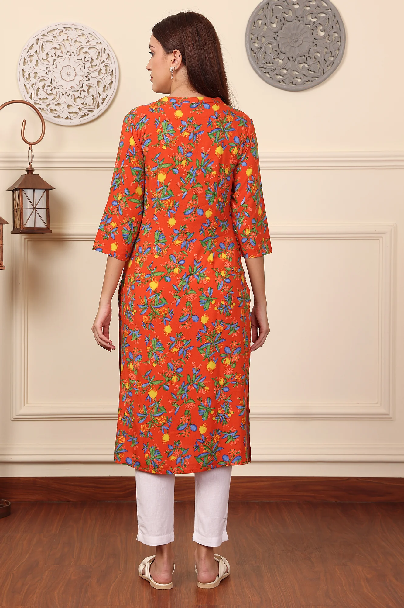 Orange Floral Printed Rayon Straight Kurta - Image 5