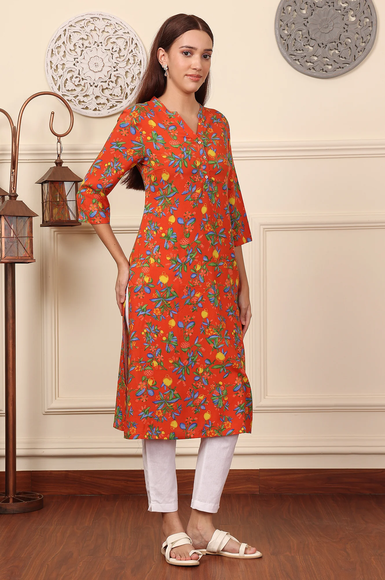 Orange Floral Straight Rayon Kurta - Image 4