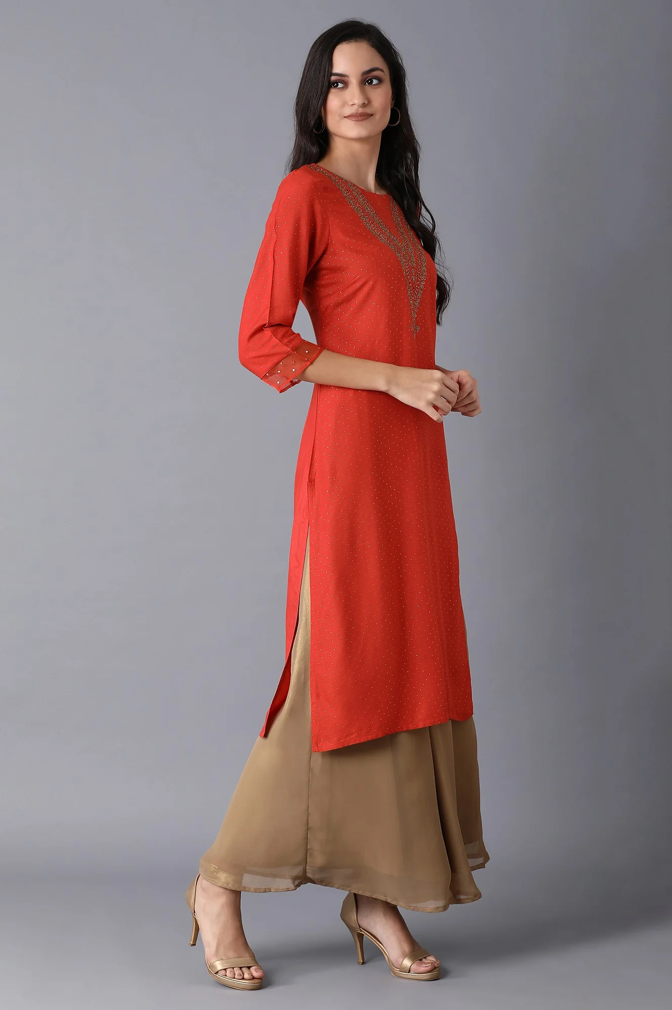 Orange Glitter Printed kurta - Image 4
