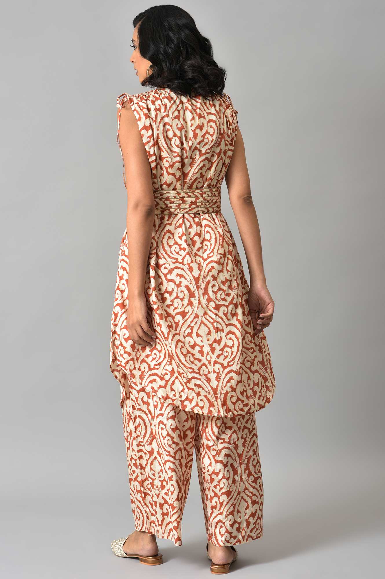 Orange Ikkat Printed Button Down kurta with Parallel Pants Co-ord Set - Image 2