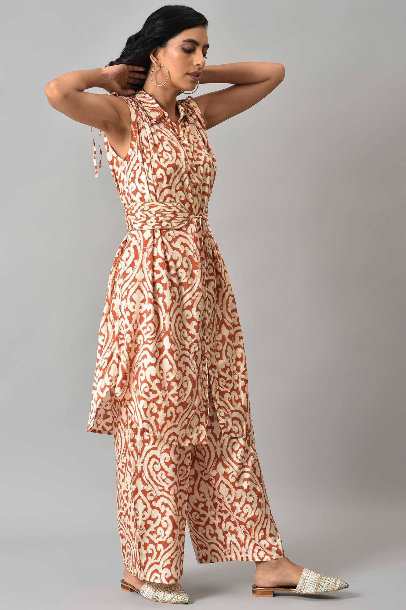 Orange Ikkat Printed Button Down kurta with Parallel Pants Co-ord Set - Image 4