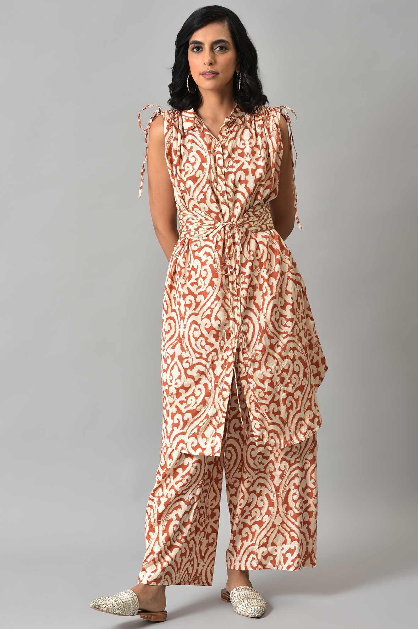 Orange Ikkat Printed Button Down kurta with Parallel Pants Co-ord Set - Image 8