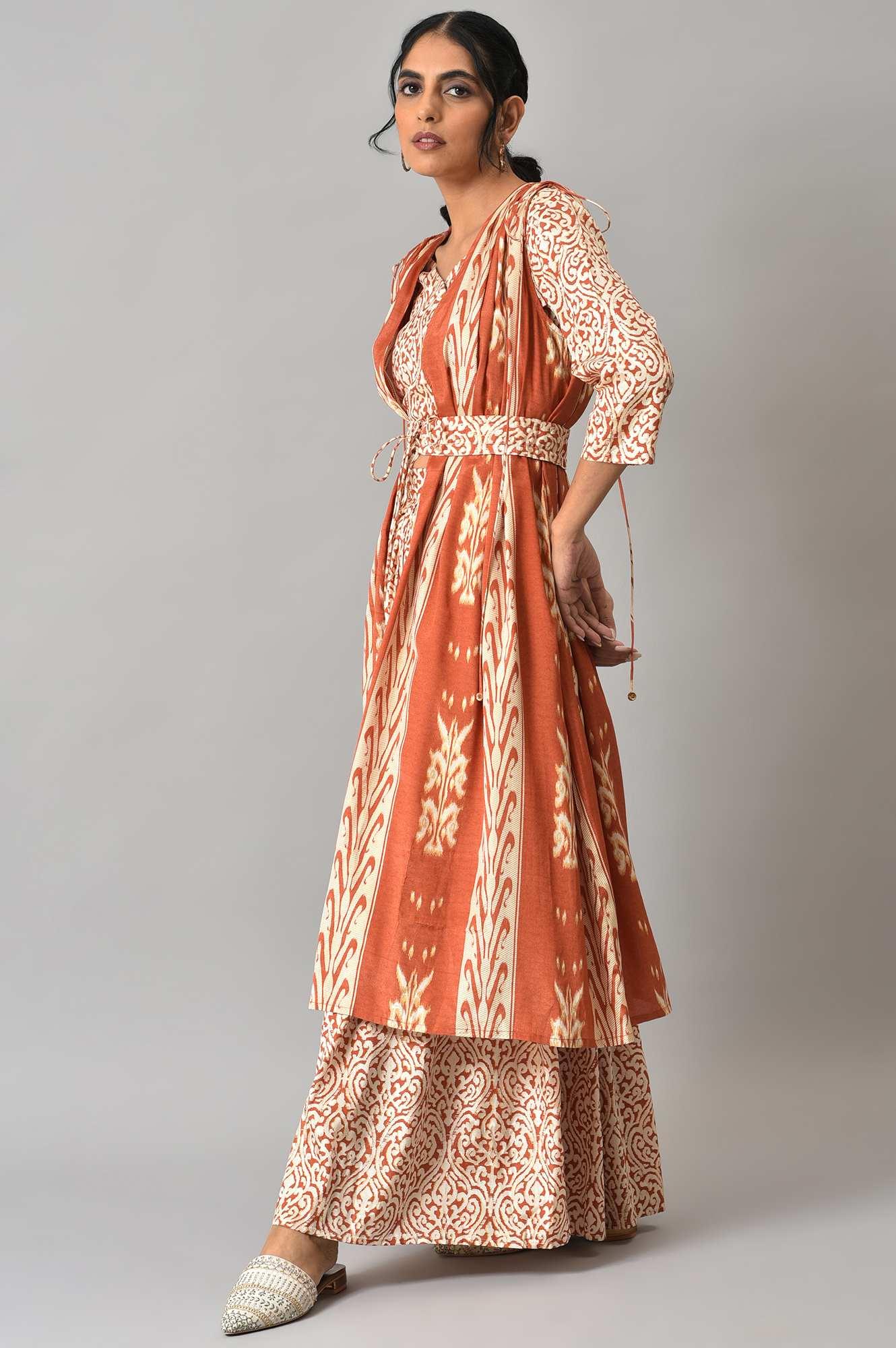 Orange Ikkat Printed Cape with Crop Top and Skirt Co-ord Set - Image 3