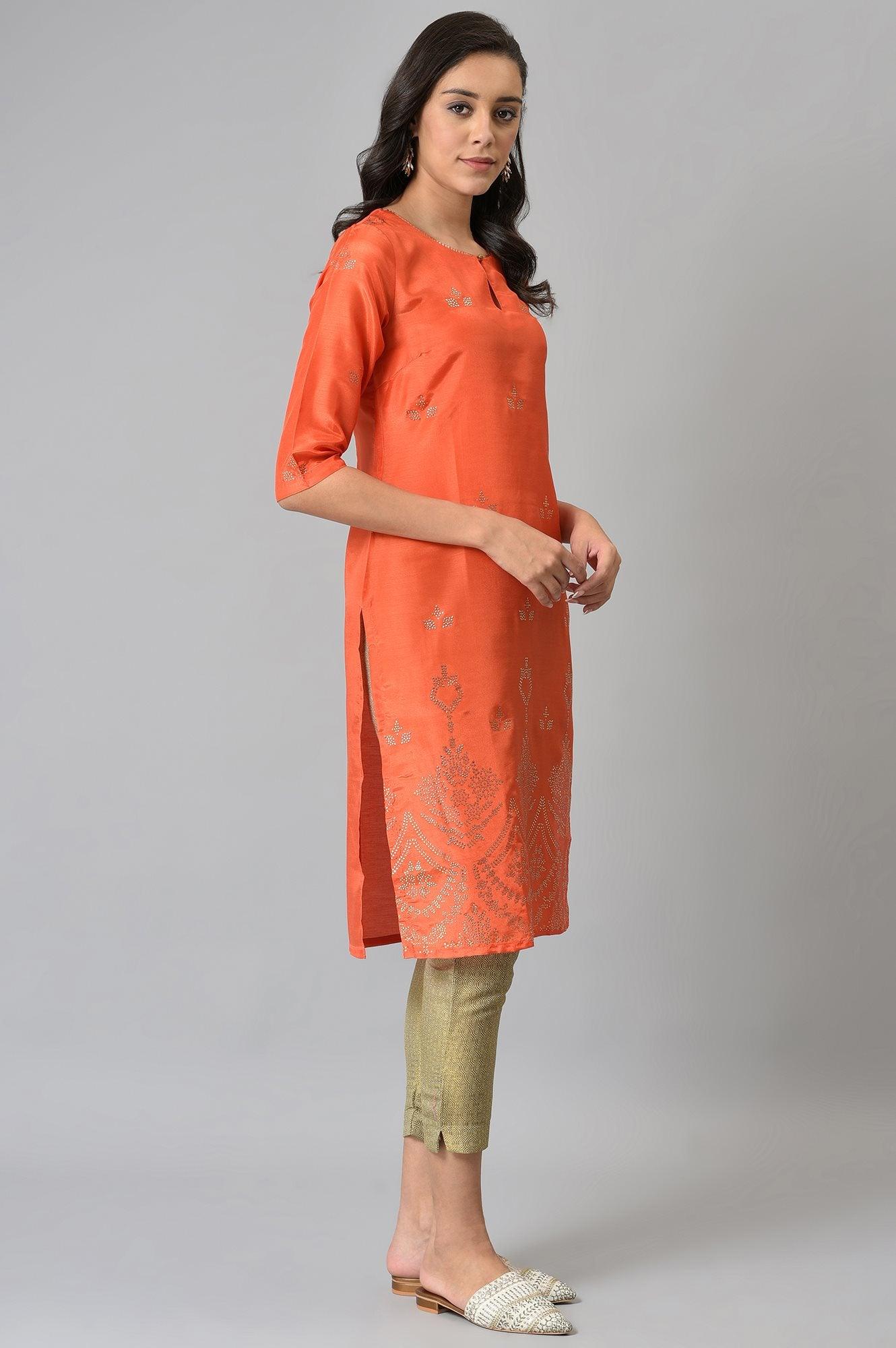 Orange Mukaish Printed kurta - Image 4
