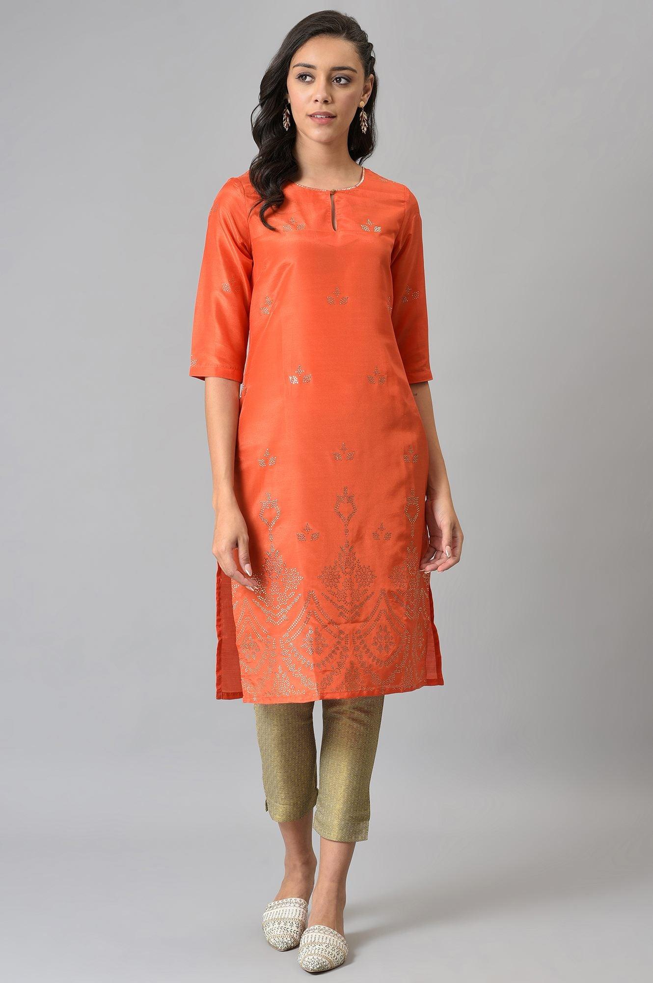 Orange Mukaish Printed kurta - Image 5