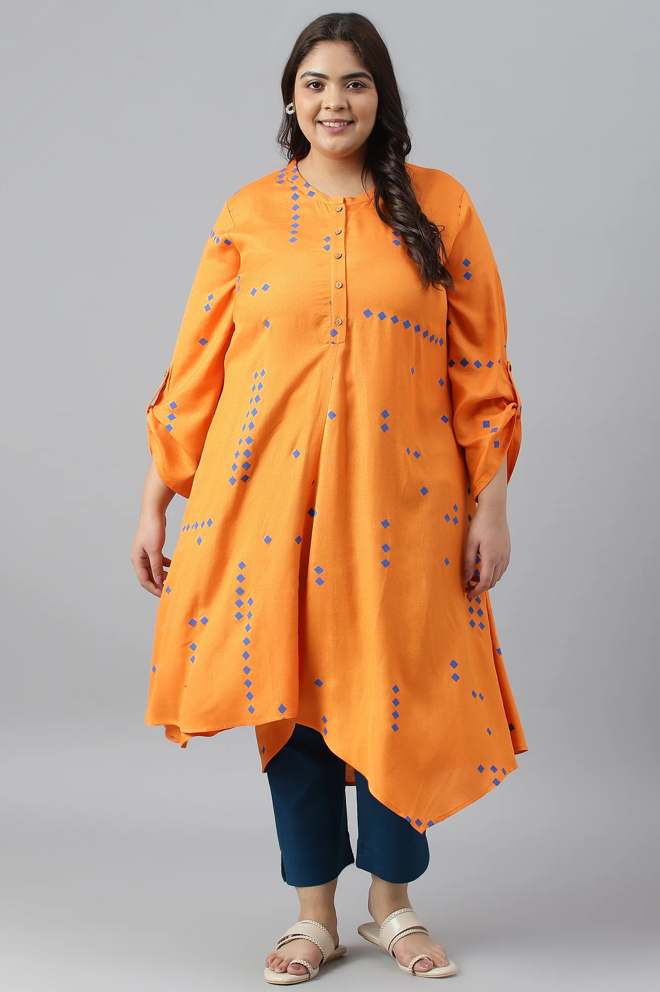 Orange Printed Asymmetrical Plus Size kurta - Image 6