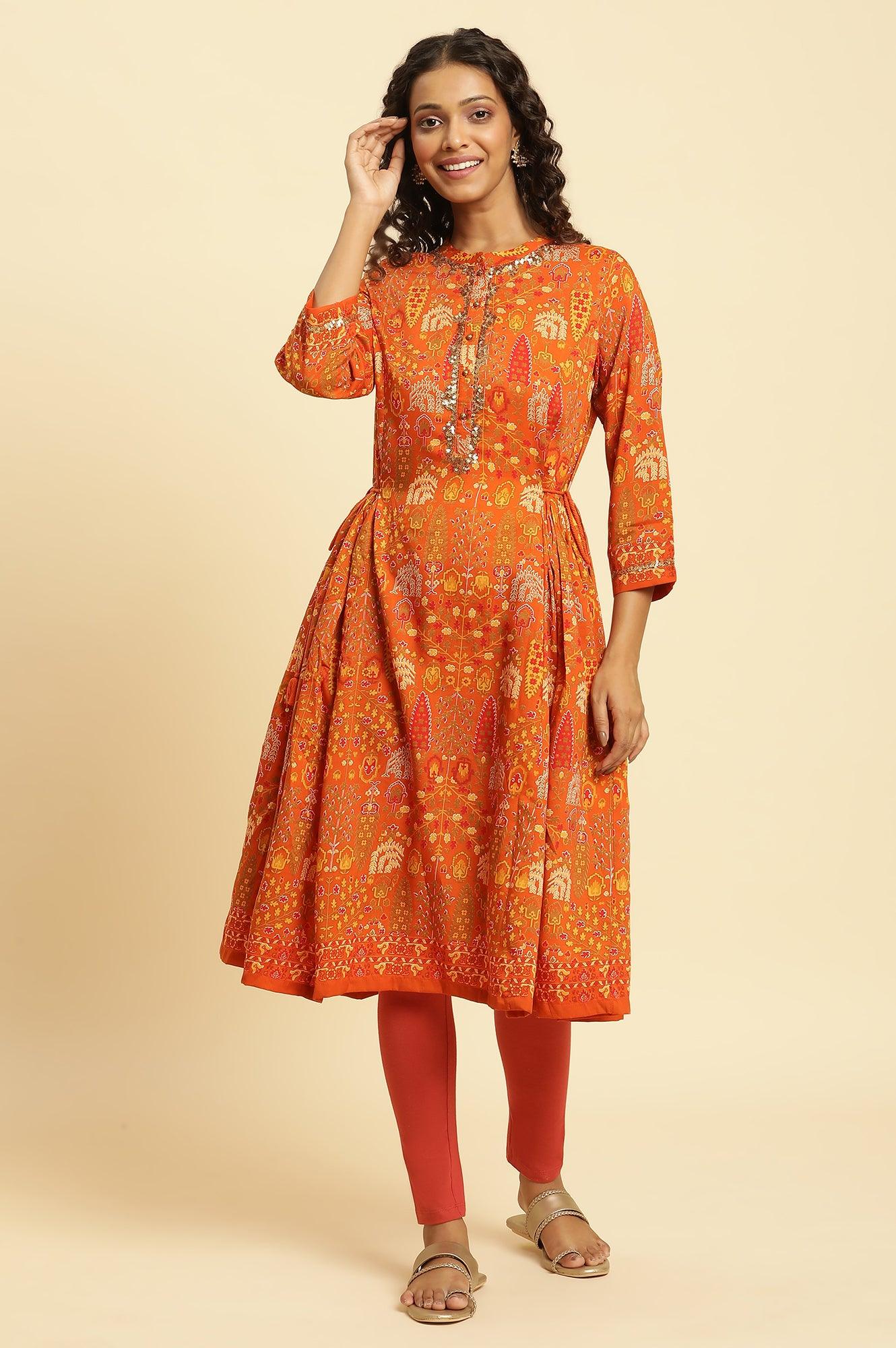 Orange Printed Festive A-Line Kurta - Image 2