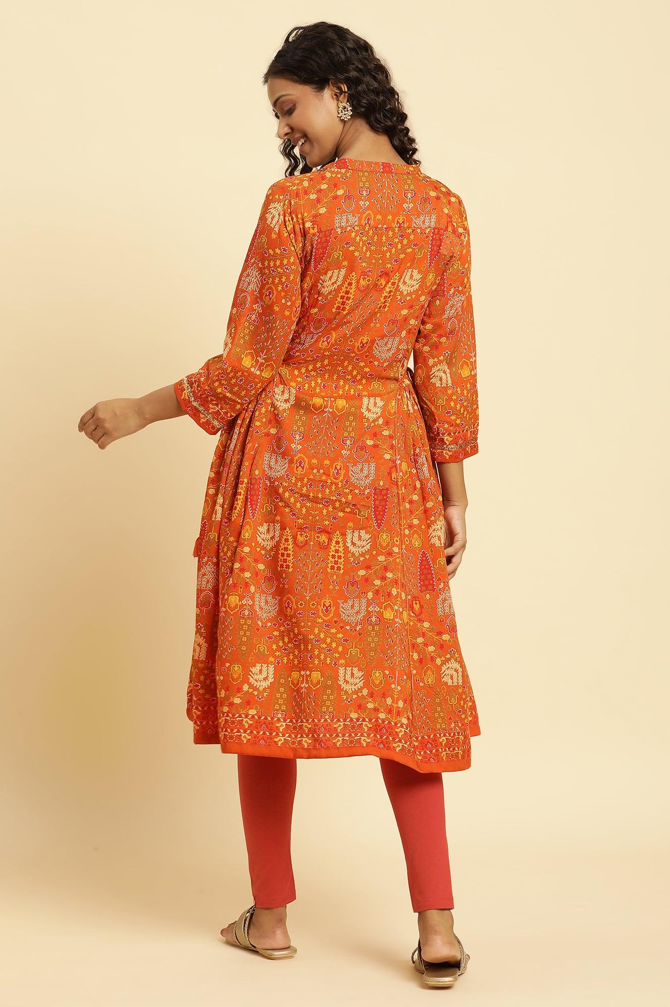 Orange Printed Festive A-Line Kurta - Image 4