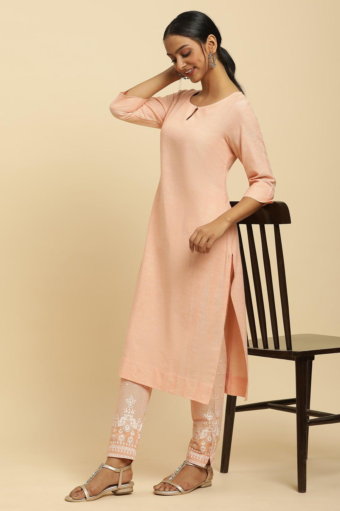 Orange Round Neck Kurta And Slim Pants Set