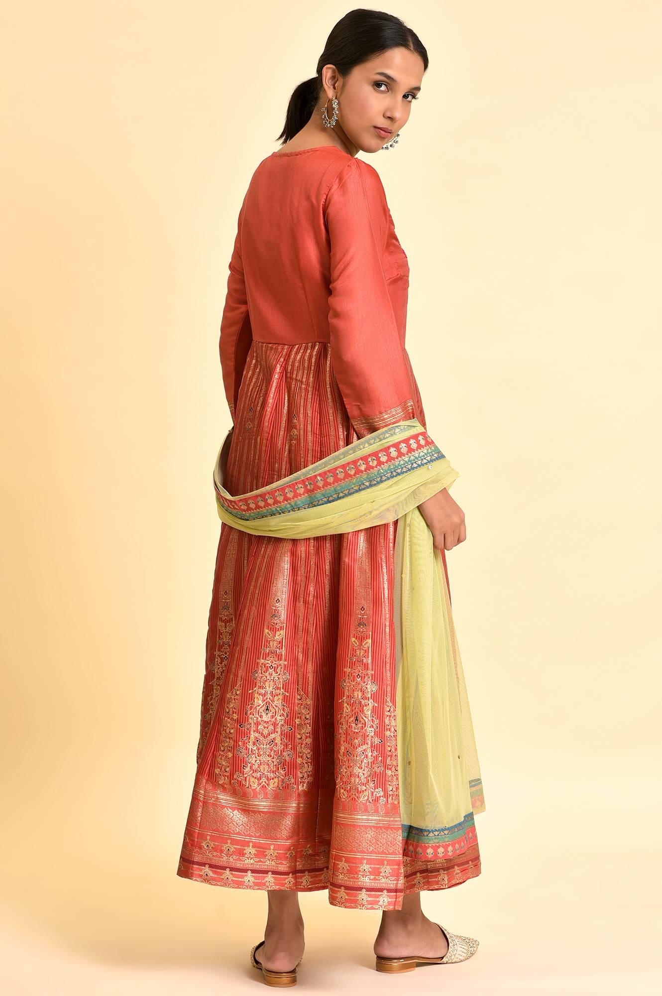Orange Tamil Silk Embellished Dress & Dupatta Set - Image 3