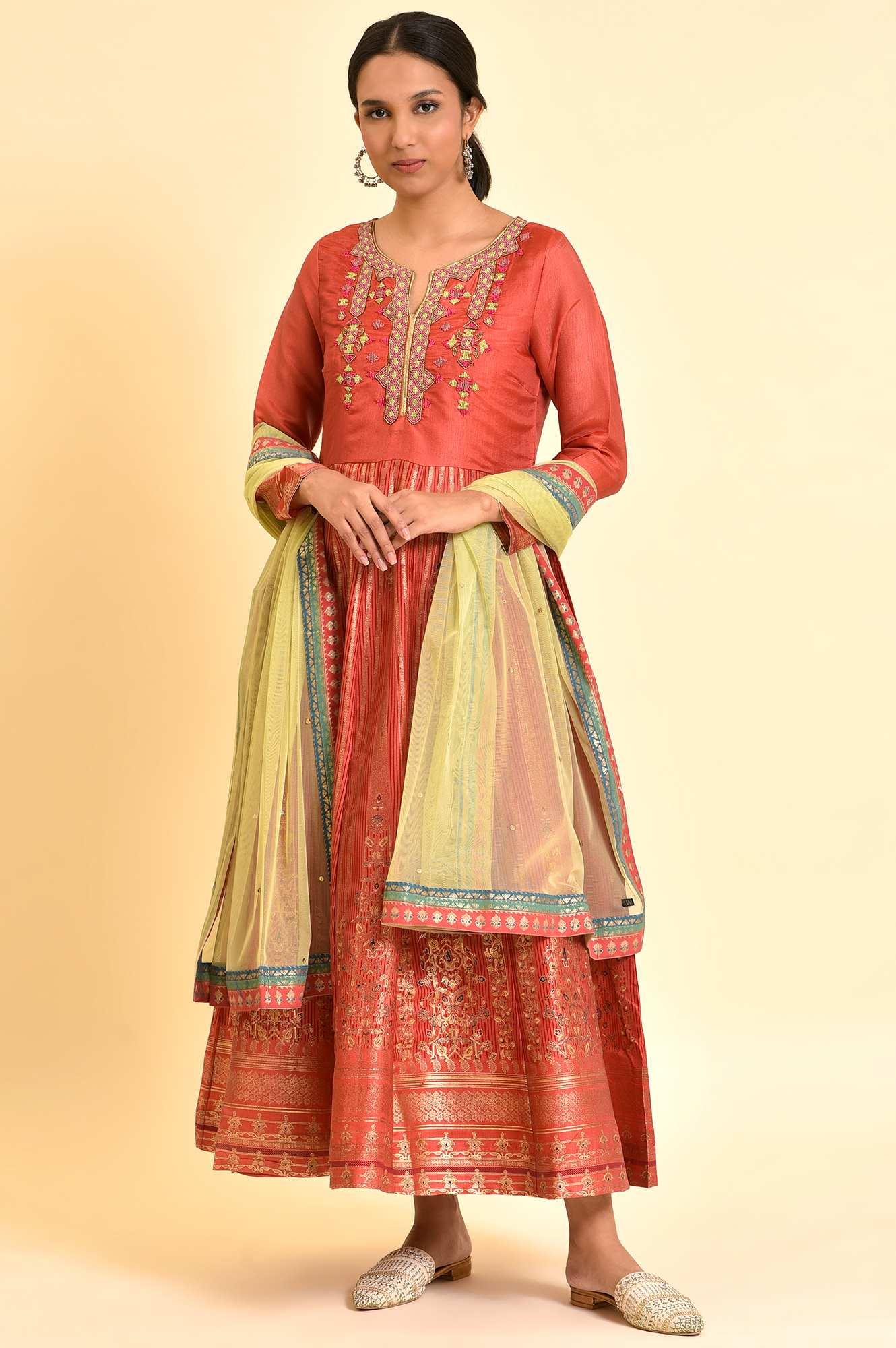 Orange Tamil Silk Embellished Dress & Dupatta Set - Image 4