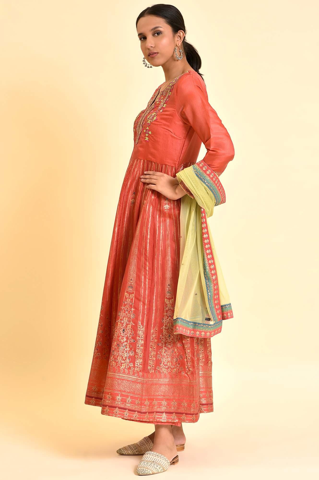 Orange Tamil Silk Embellished Dress & Dupatta Set - Image 5