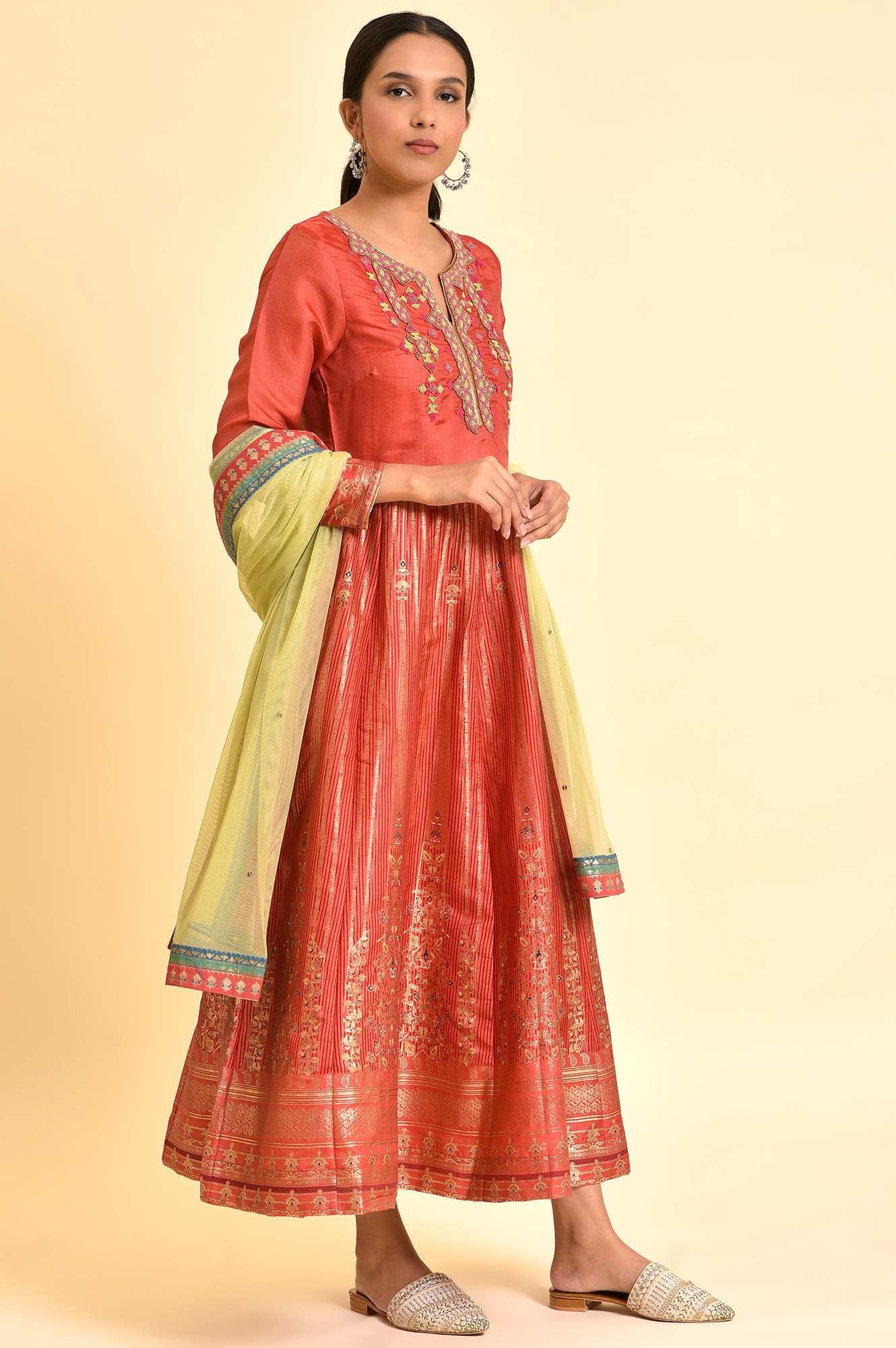 Orange Tamil Silk Embellished Dress & Dupatta Set - Image 6