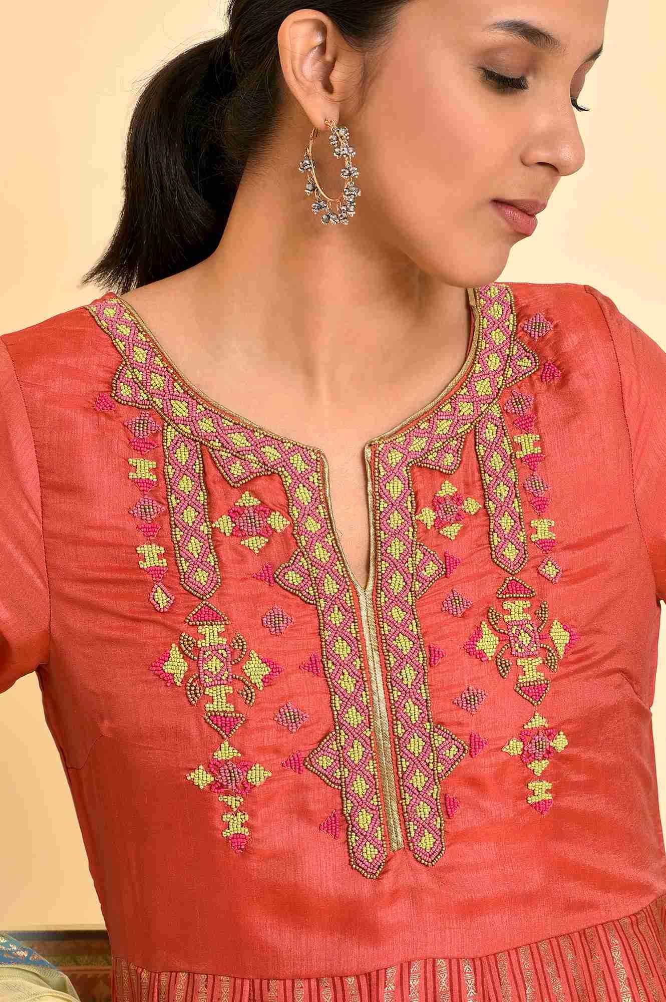 Orange Tamil Silk Embellished Dress & Dupatta Set - Image 7