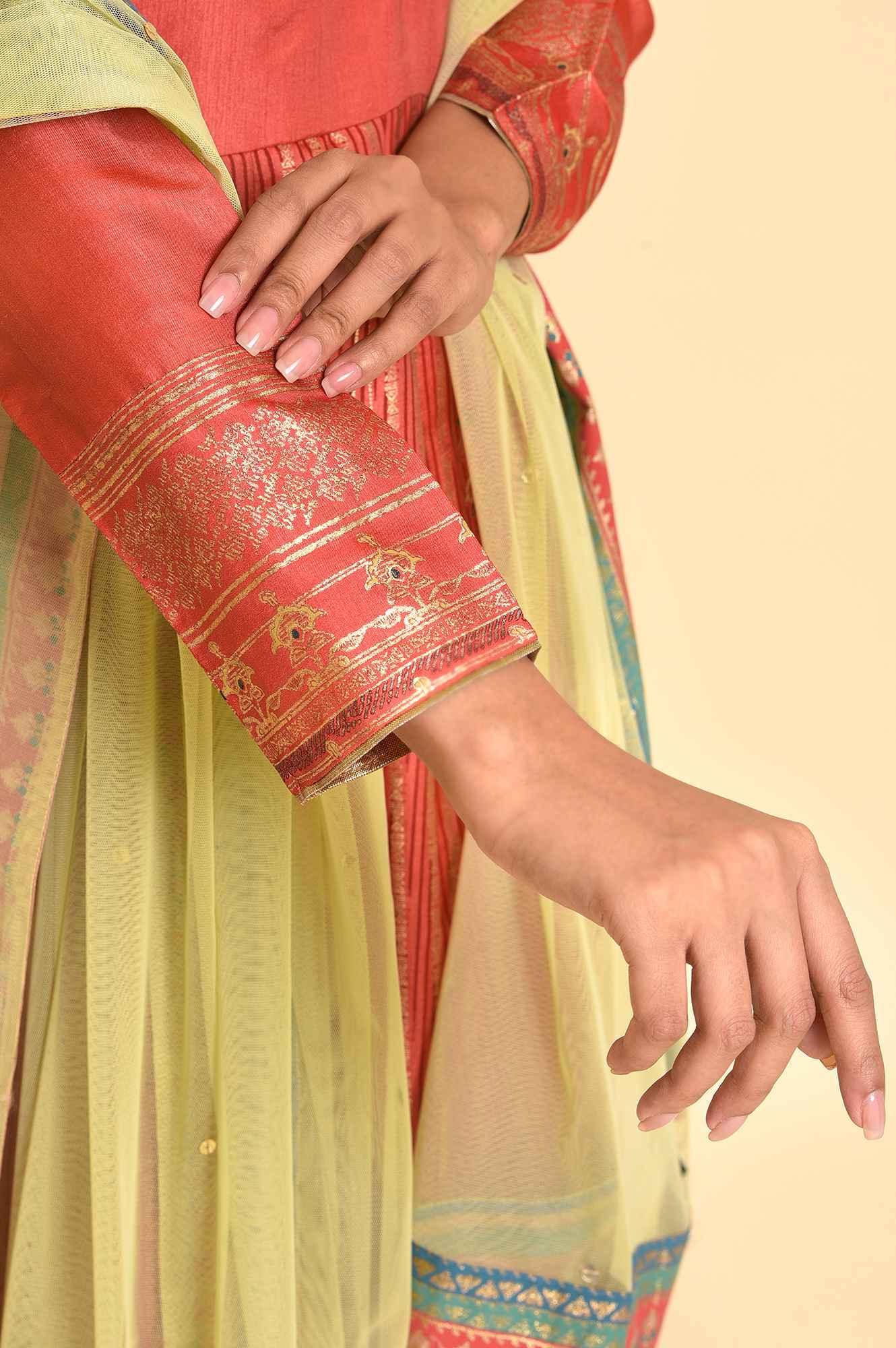 Orange Tamil Silk Embellished Dress & Dupatta Set - Image 8