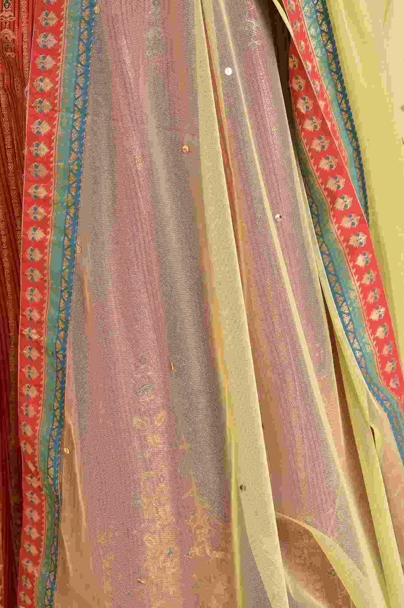 Orange Tamil Silk Embellished Dress & Dupatta Set - Image 9