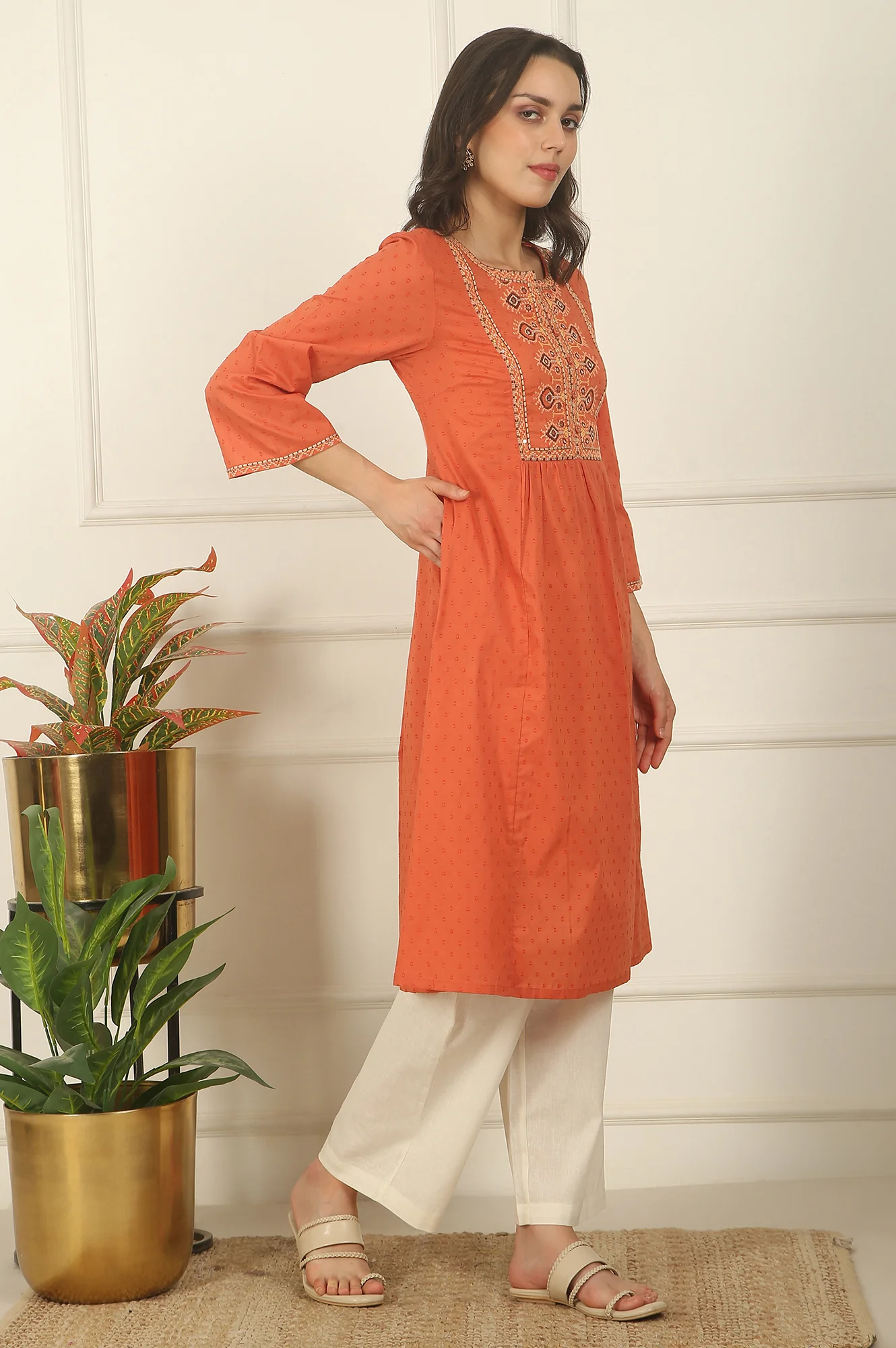 Orange Thread Embroidered Swiss Dot Cotton Flared Kurta - Image 6
