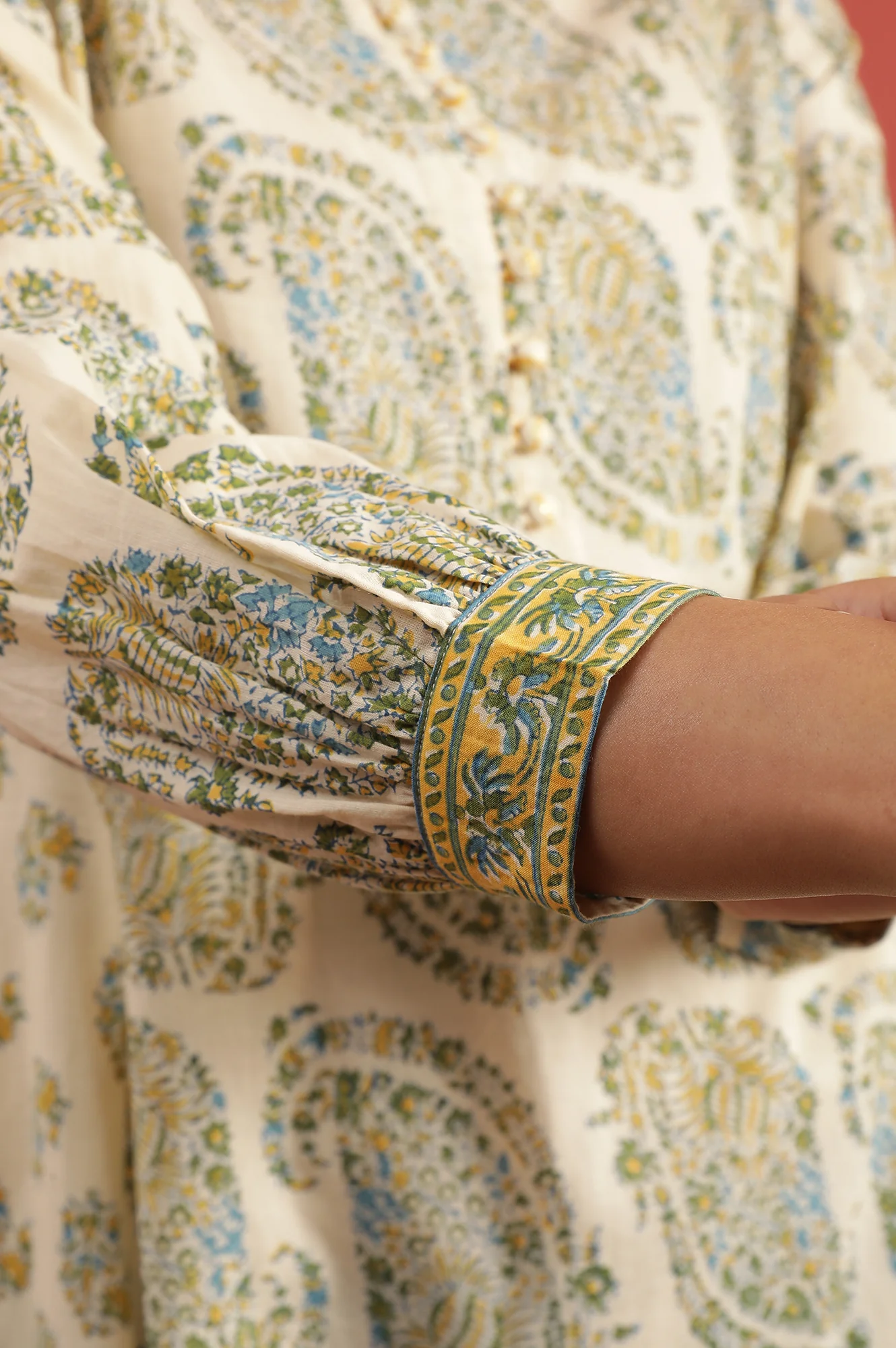 Pale Yellow Flared Buti Print Cotton Kurta - Image 7