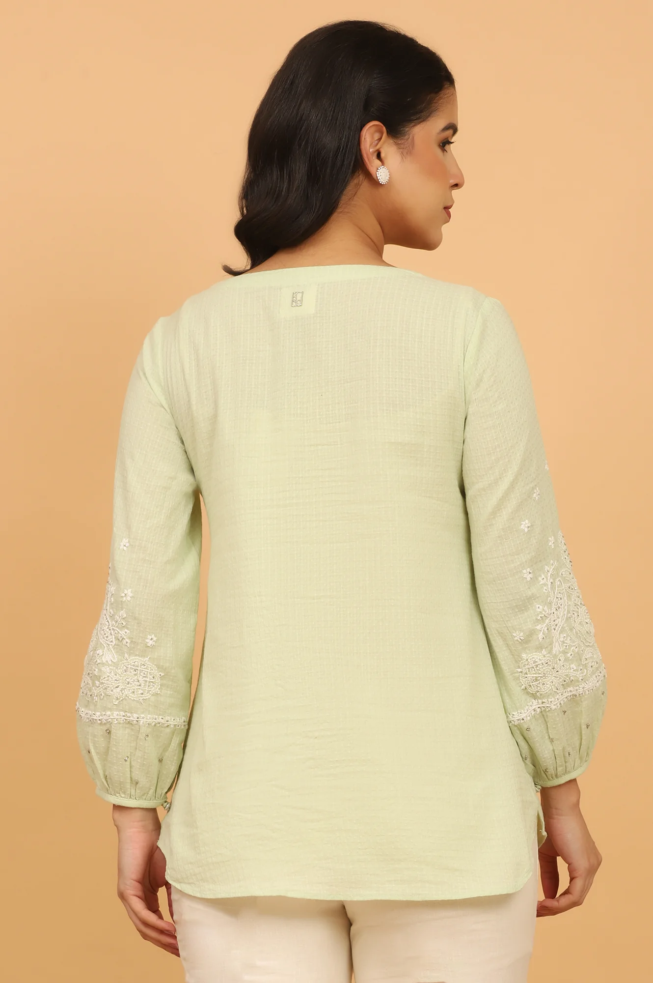Pastel Green Chikankari Top in Textured Cotton - Image 6