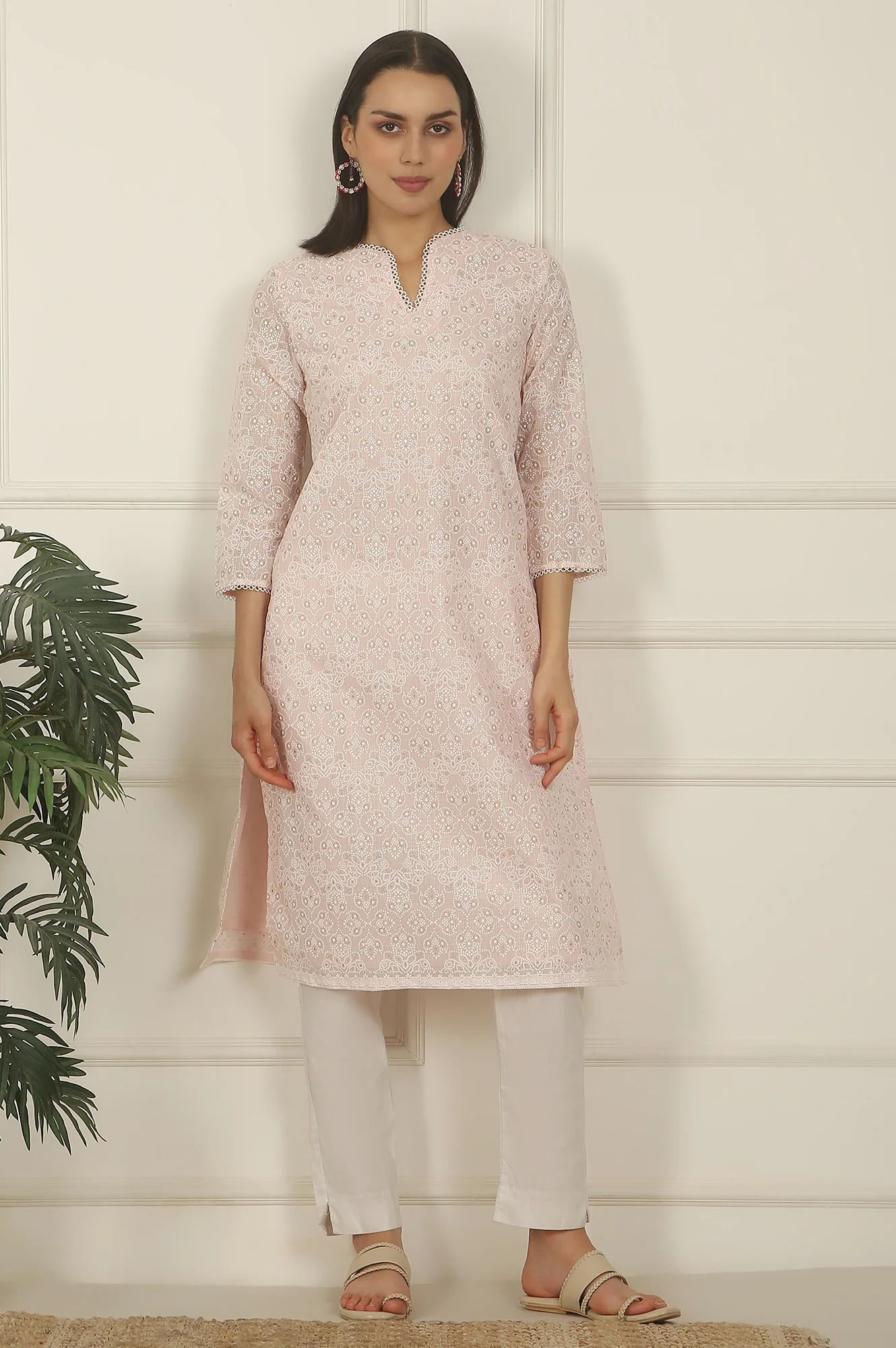 Pastel Pink Khadi Printed Kota Straight Kurta - Image 2