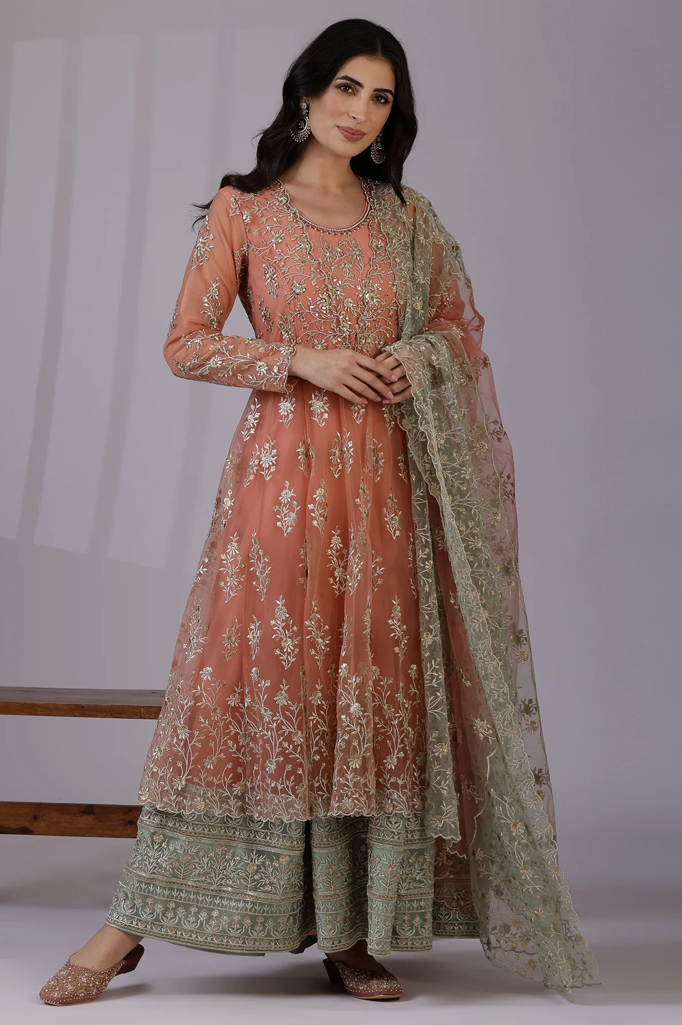 Peach and Green Ombre Heavy Metallic Embroidered Layered Dress and Dupatta Set - Image 2