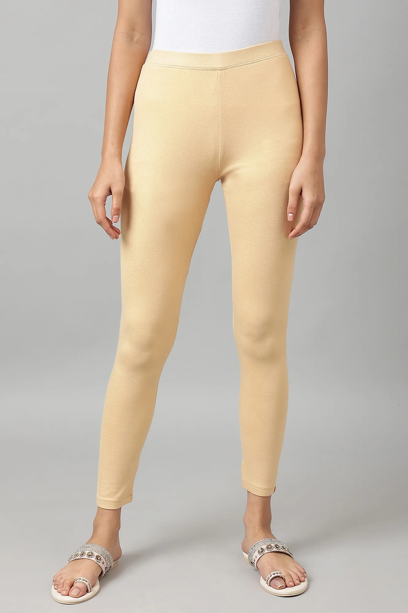 Pale Gold Solid Jersey Tights in Ankle Length