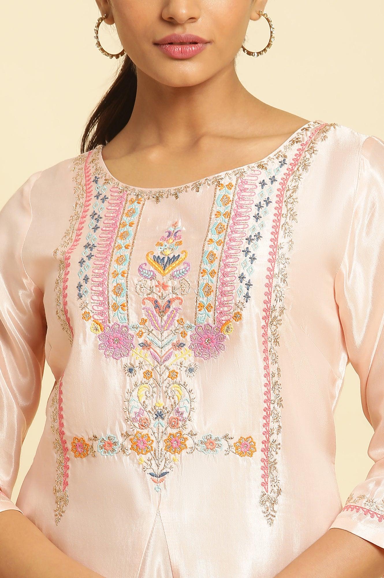 Peach Embroidered Flared Kurta - Image 6