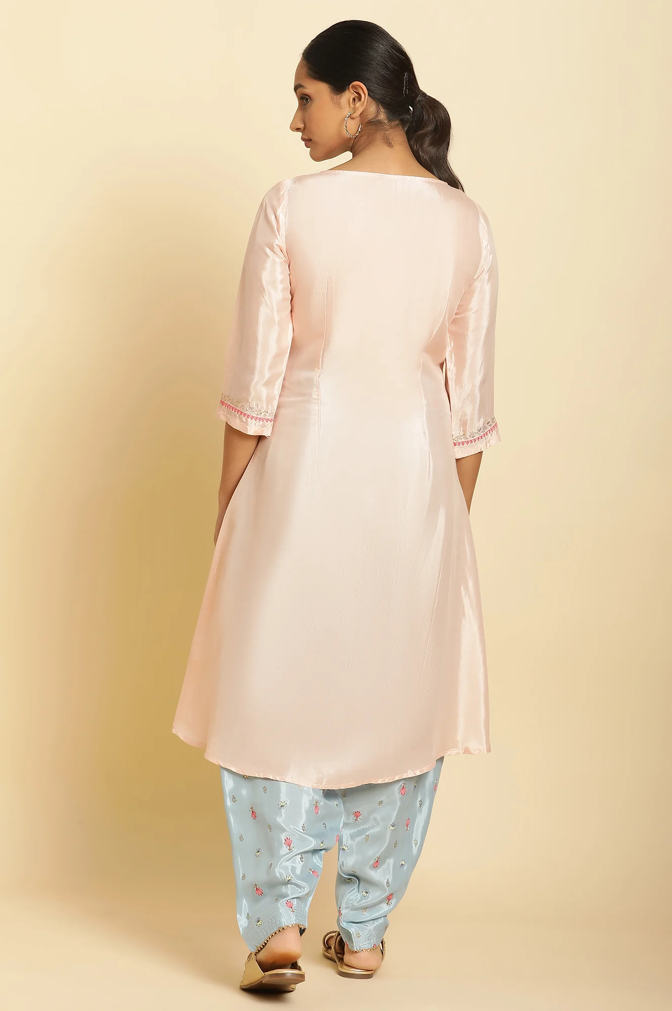Peach Embroidered Flared Kurta - Image 3
