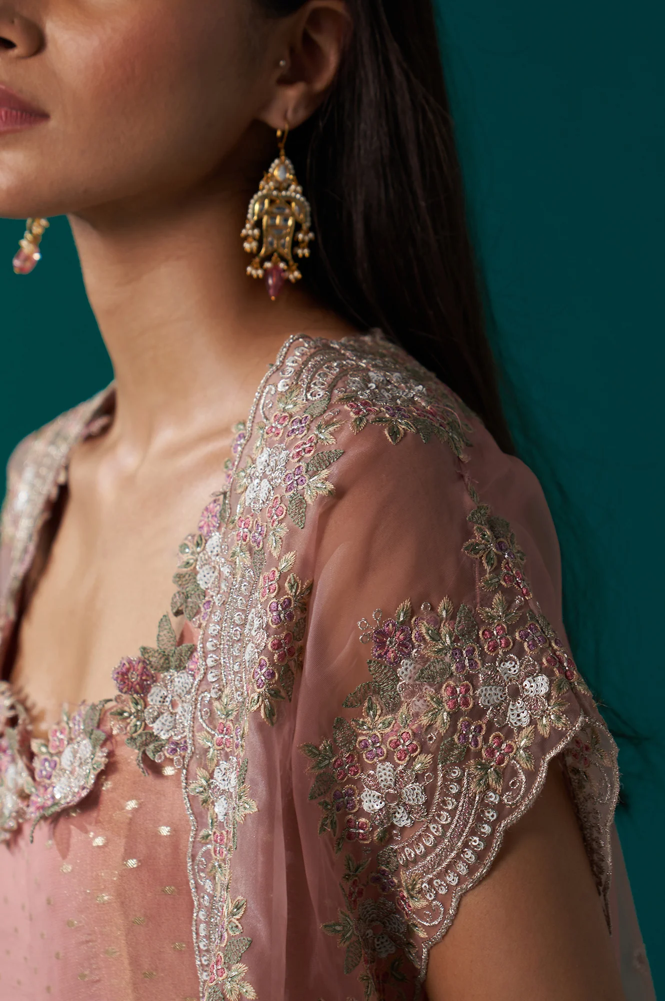 Peach Heavy Embroidered Tissue Cape and Anarkali Dress Set - Image 8