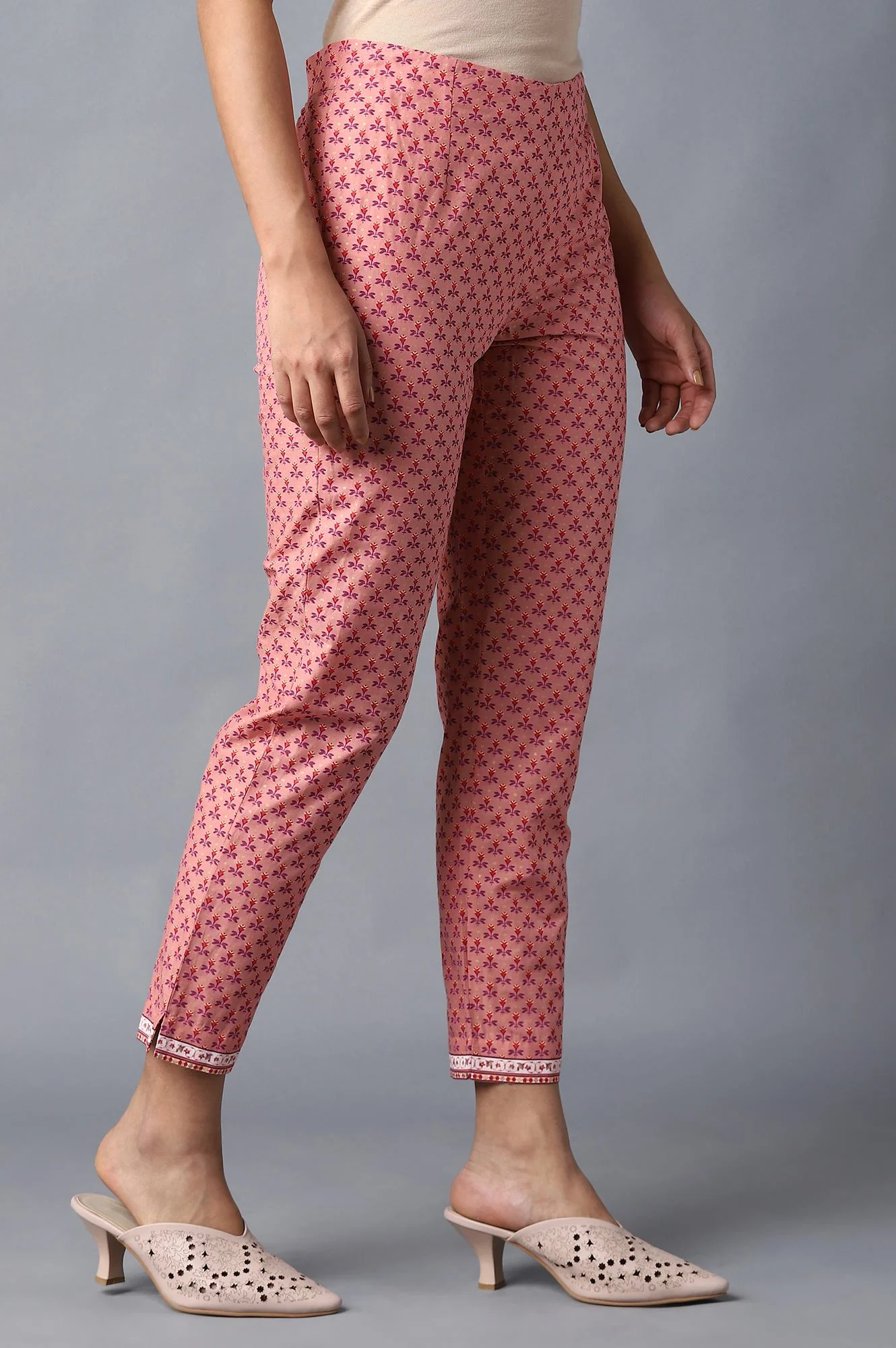 Peach Floral Printed Cotton Slim Pants - Image 4