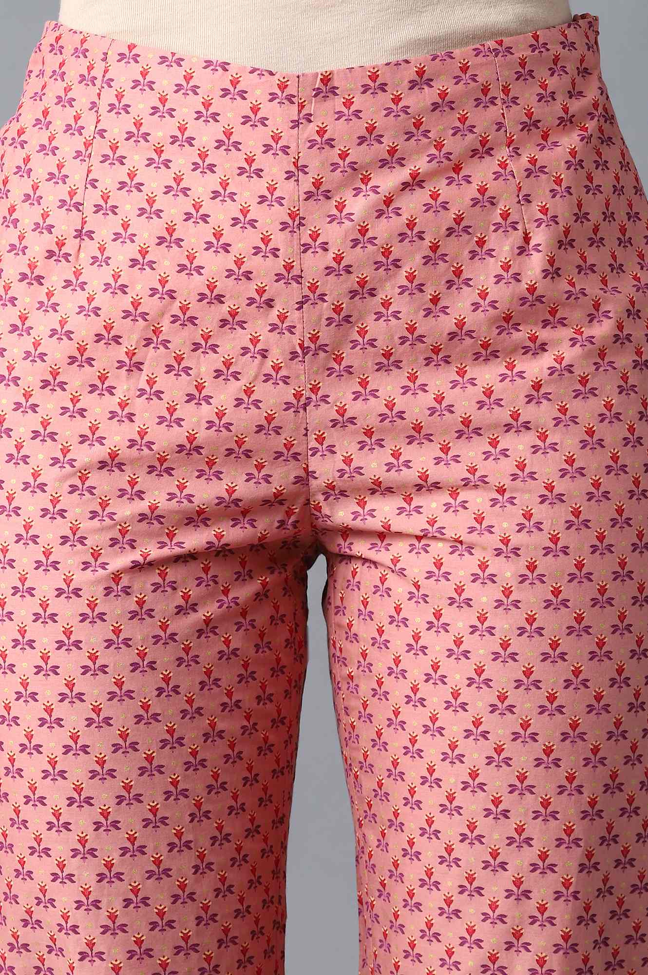 Peach Floral Printed Cotton Slim Pants - Image 6