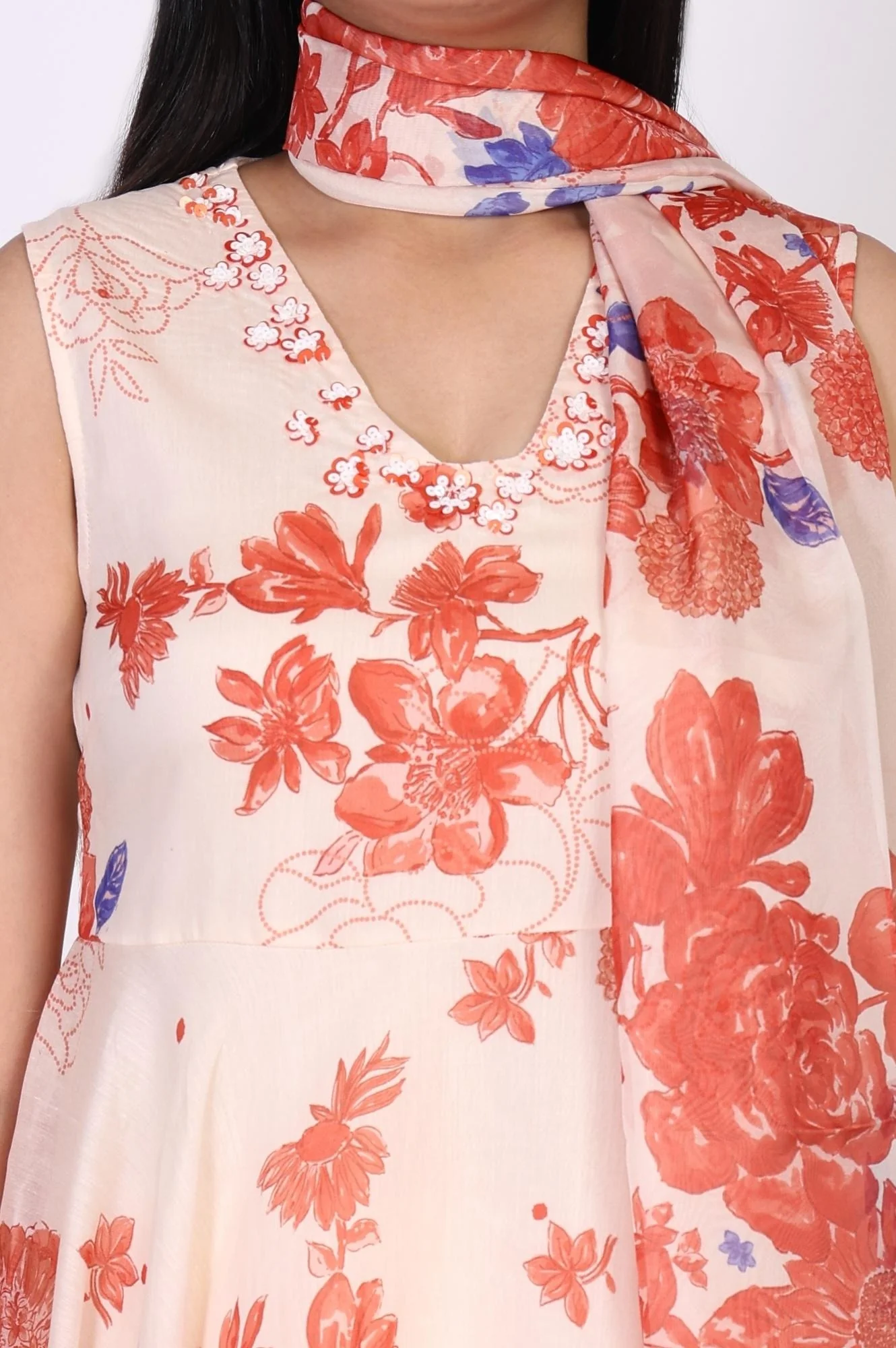 Peach Floral Printed Flared Chanderi Kurta with Straight Pant and Dupatta Set - Image 3