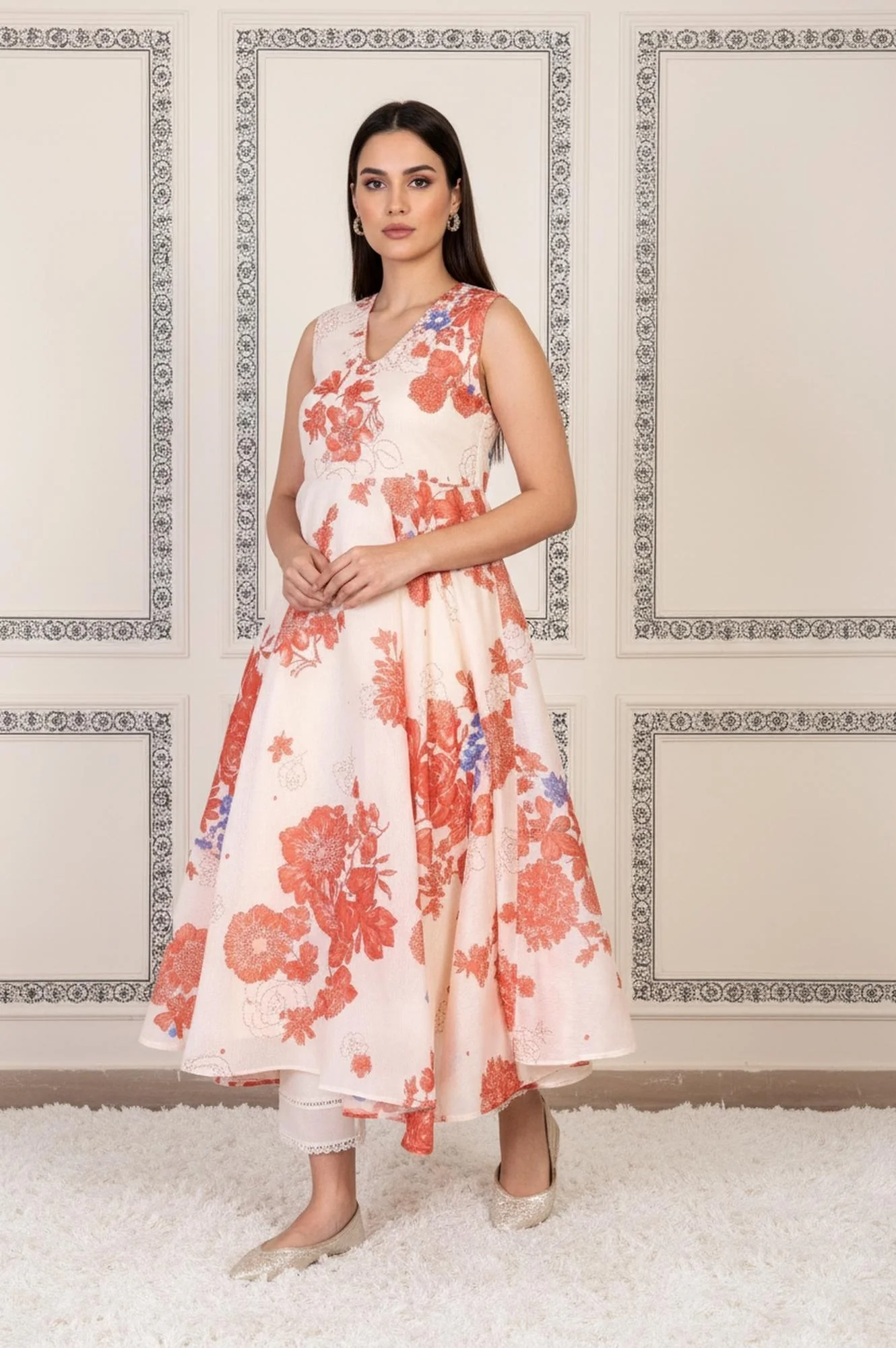 Peach Floral Printed Flared Chanderi Kurta with Straight Pant and Dupatta Set - Image 4