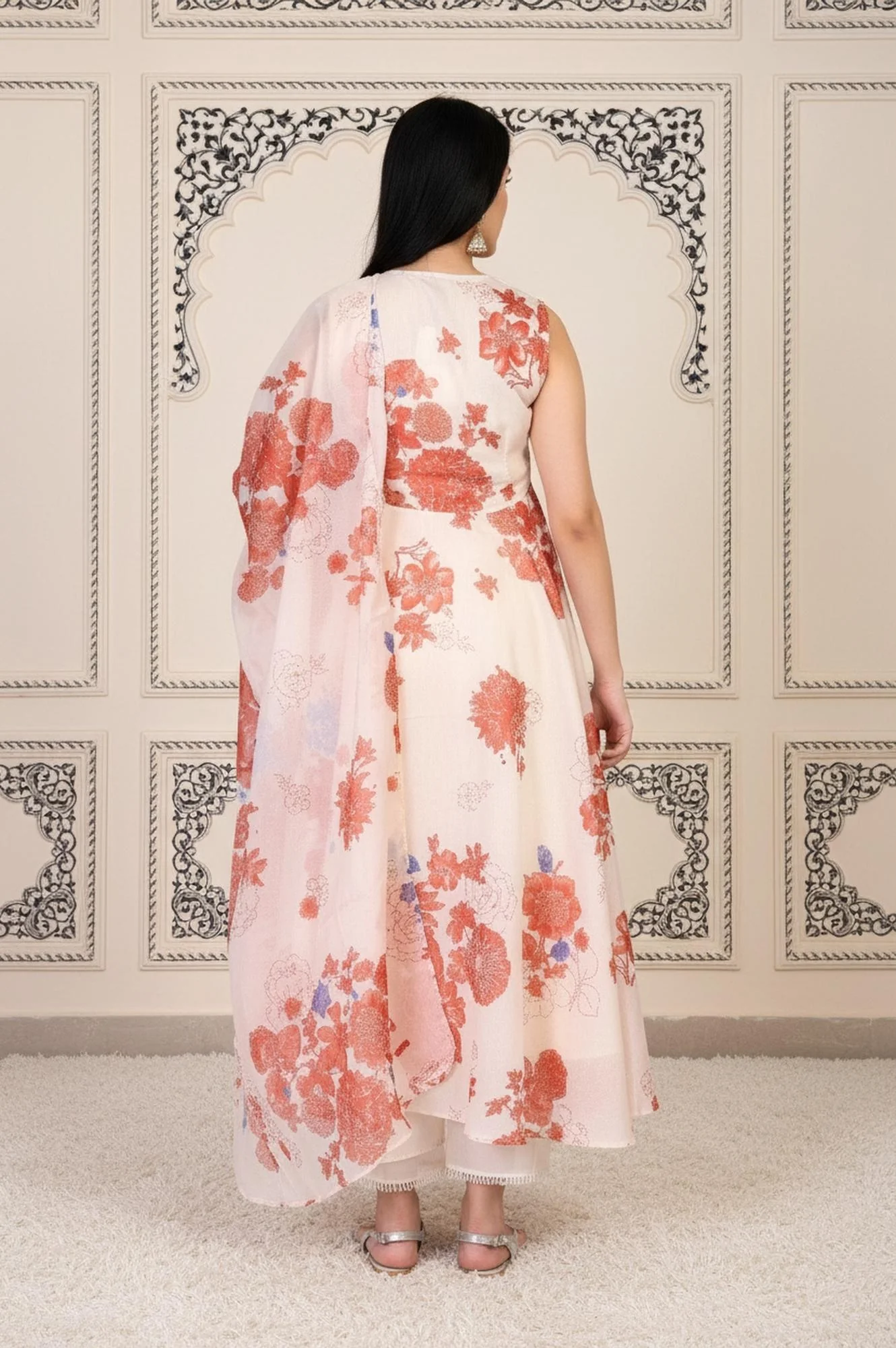 Peach Floral Printed Flared Chanderi Kurta with Straight Pant and Dupatta Set - Image 5