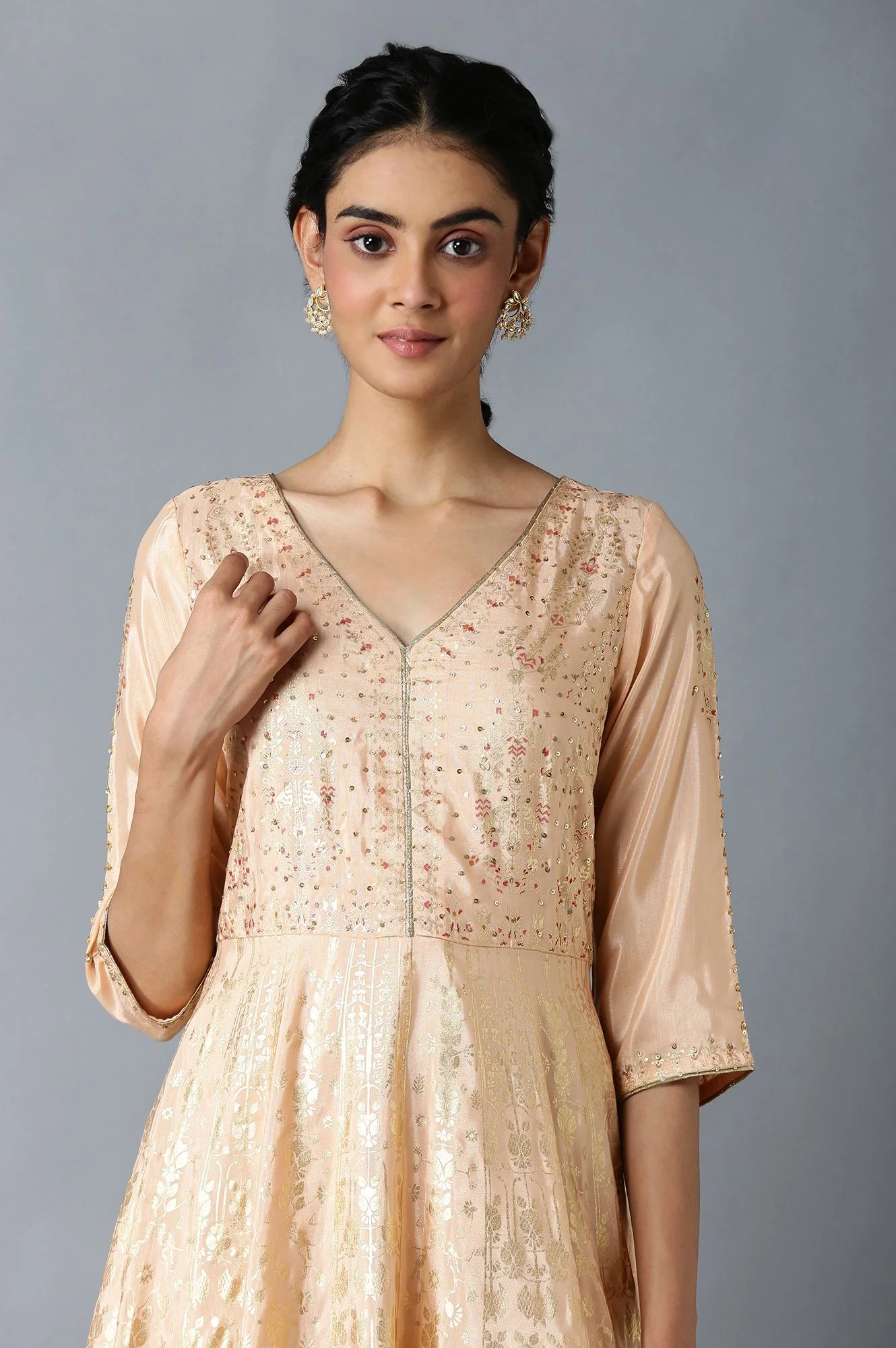 Peach Floral Printed Long Flared Dress - Image 5