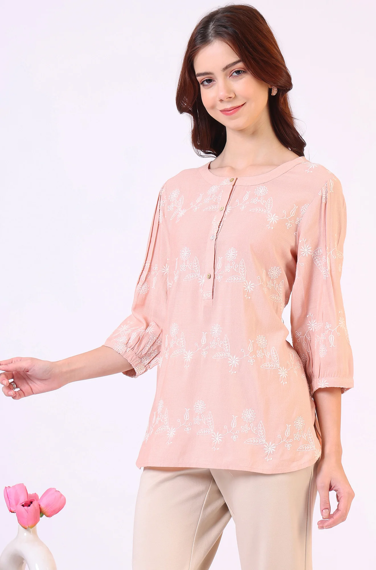Peach Floral Schiffli Embroidered Rayon Flax Western Top - Image 5
